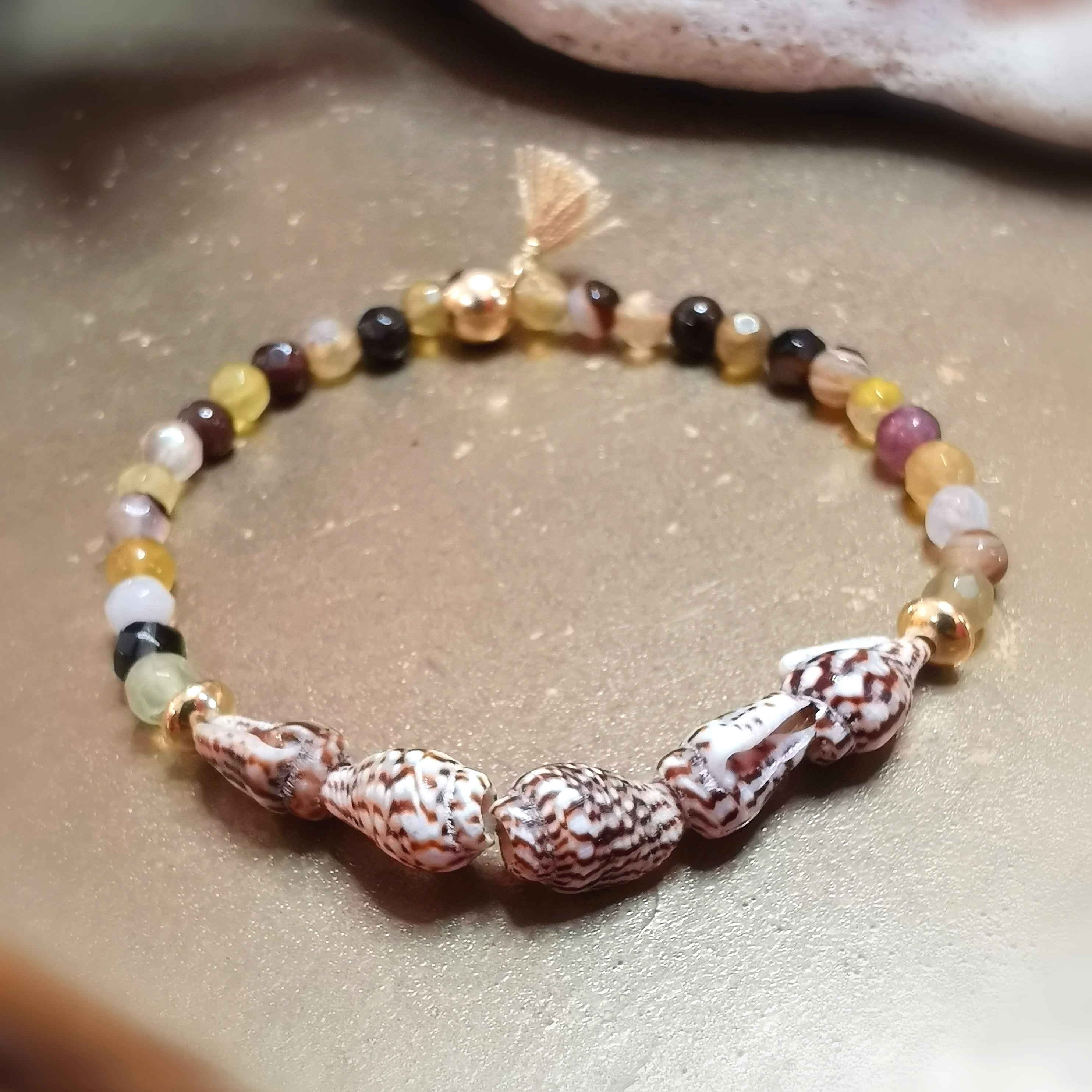 🌸 edles Kinder Talisman Edelstein Karma Armband – Achat, Muschel & Troddel – du bist wundervoll