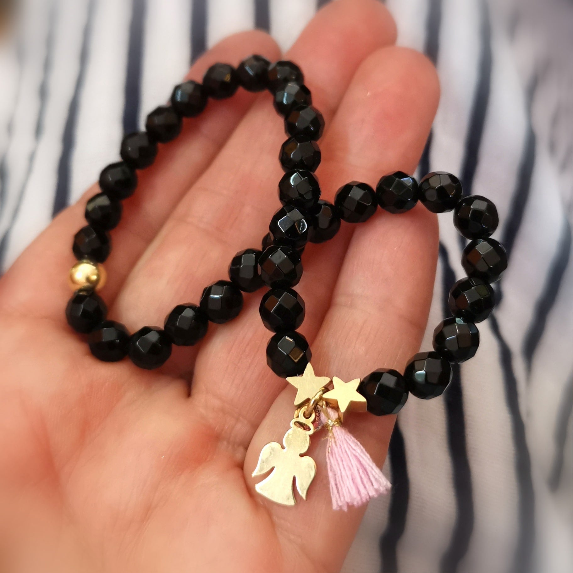 Onyx & Gold Engel Edelstein Karma Armband L/XL – geweiht für Schutz, Stärke & Erdung