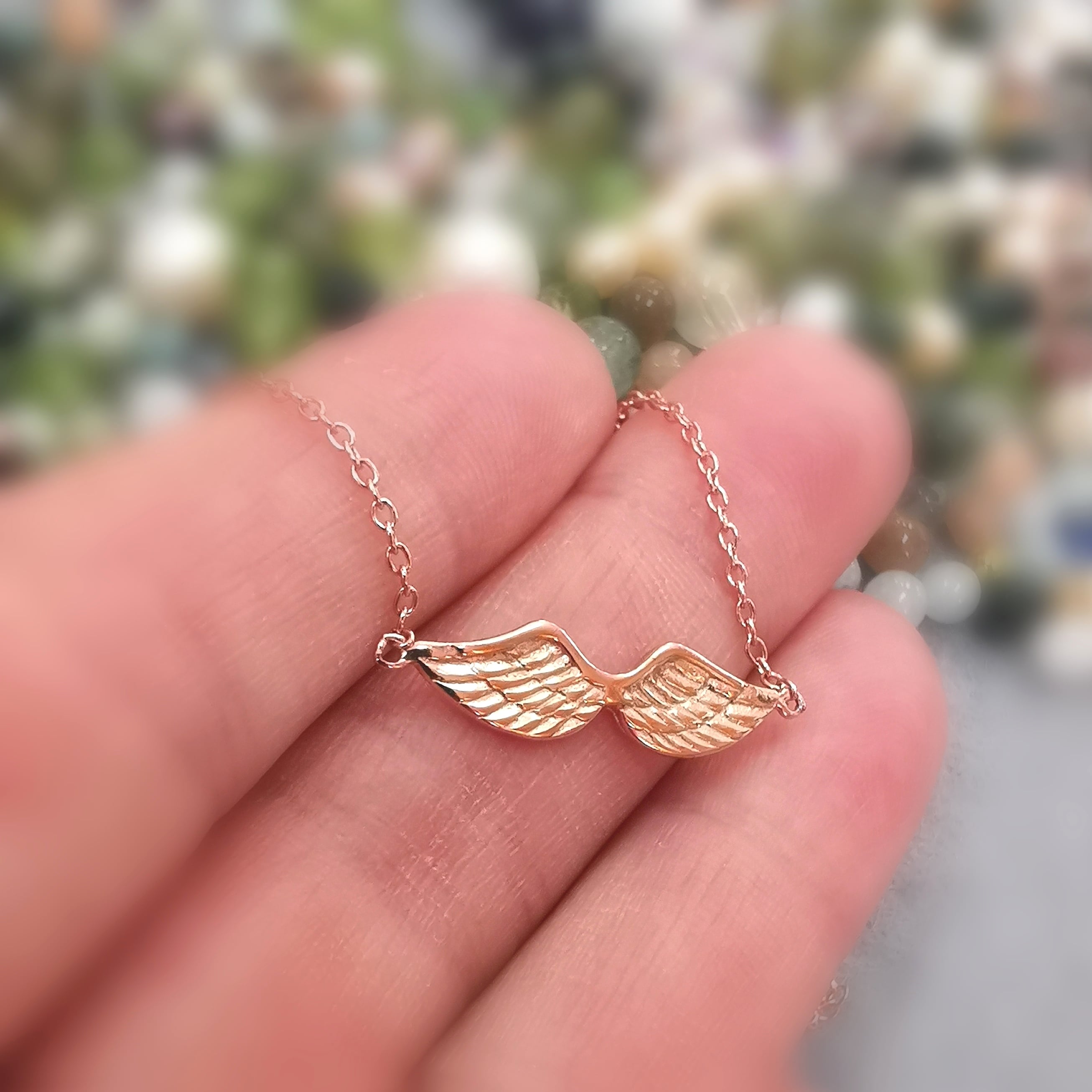 Engelsflügel Collier Sterlingsilber Kette rose vergoldet – geweiht für Mut, Trost & neue Hoffnung