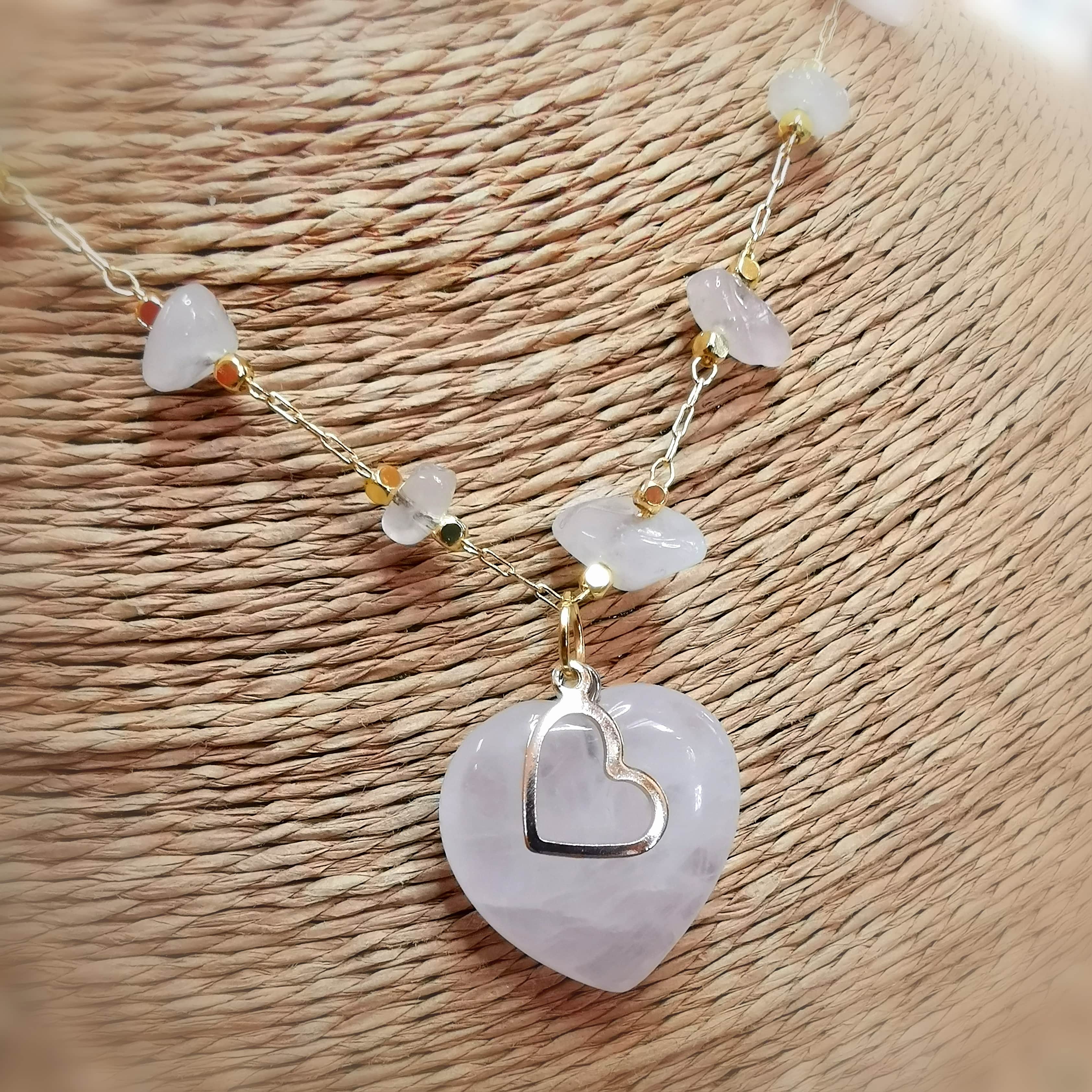 Rosenquarz Herz Edelstein Boho Kette 50 cm – geweiht für Liebe & Harmonie