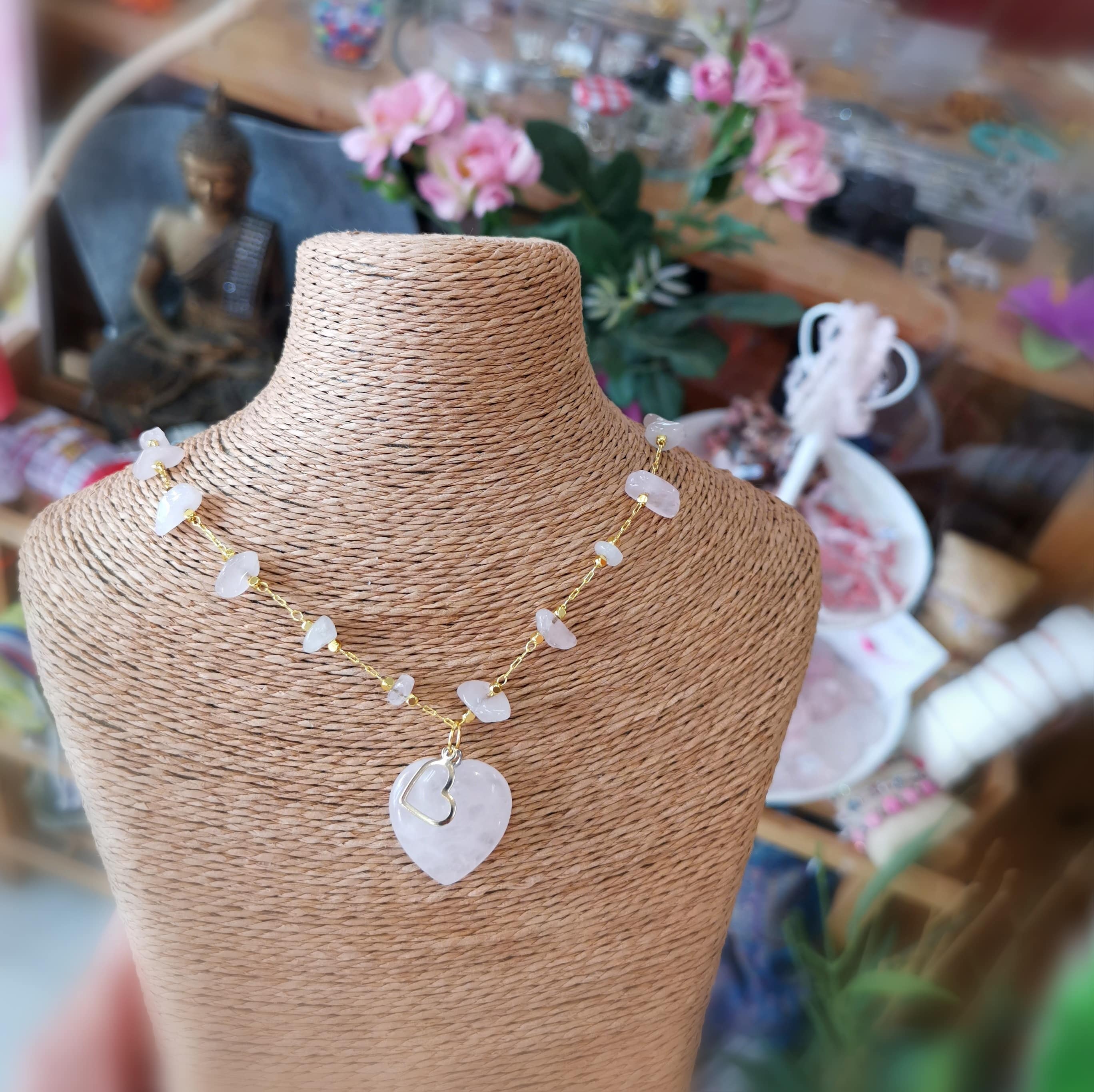 Rosenquarz Herz Edelstein Boho Kette 50 cm – geweiht für Liebe & Harmonie