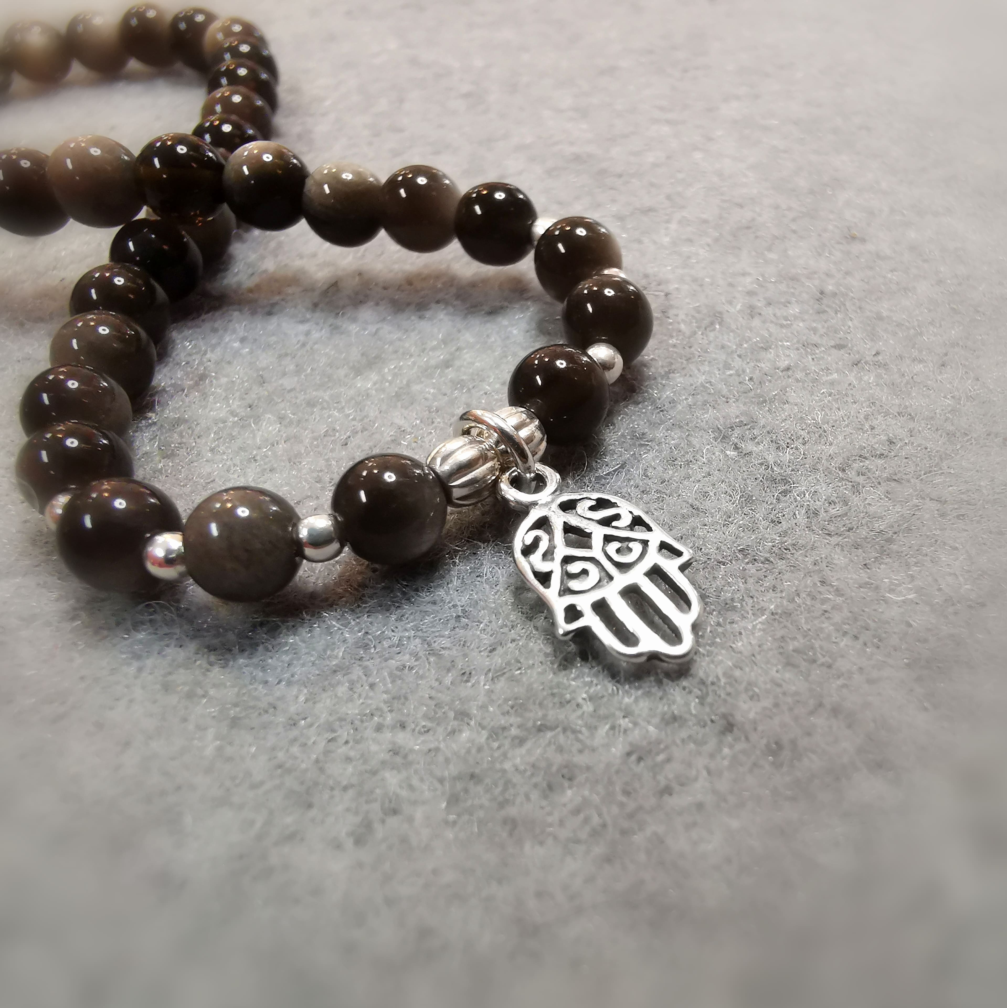 Gold Obsidian Gemstone Karma Bracelet – Healing Hand of Fatima, Protection & Inner Strength