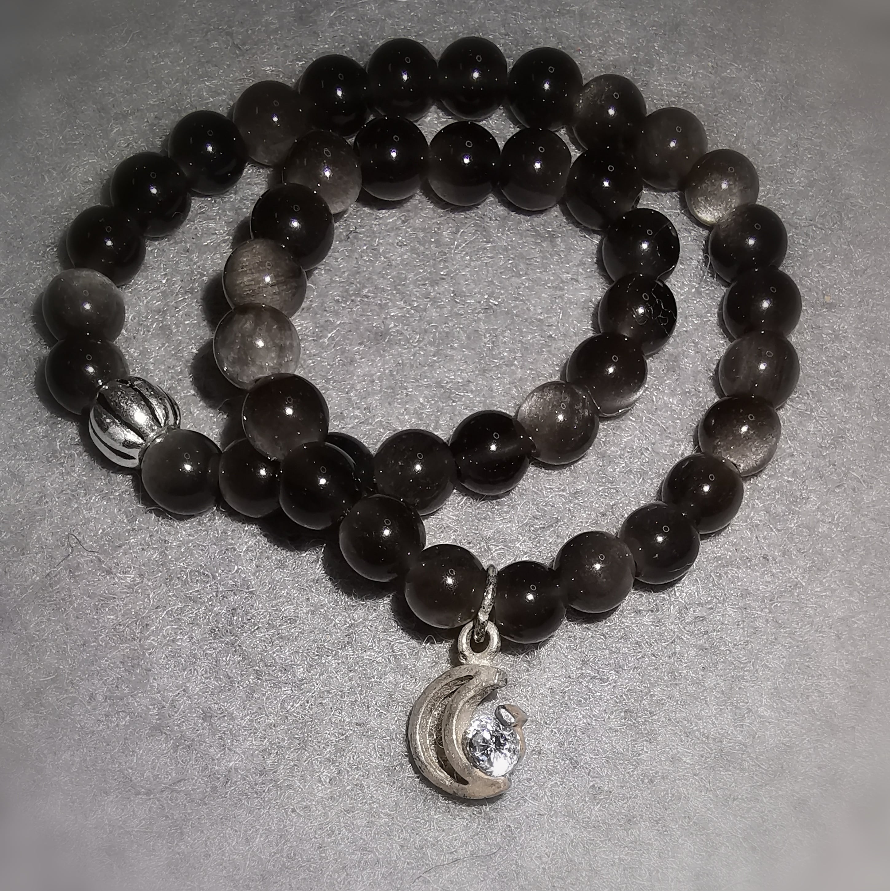 Gold obsidian new moon sterling silver zircon karma bracelet consecrated, lightful paths
