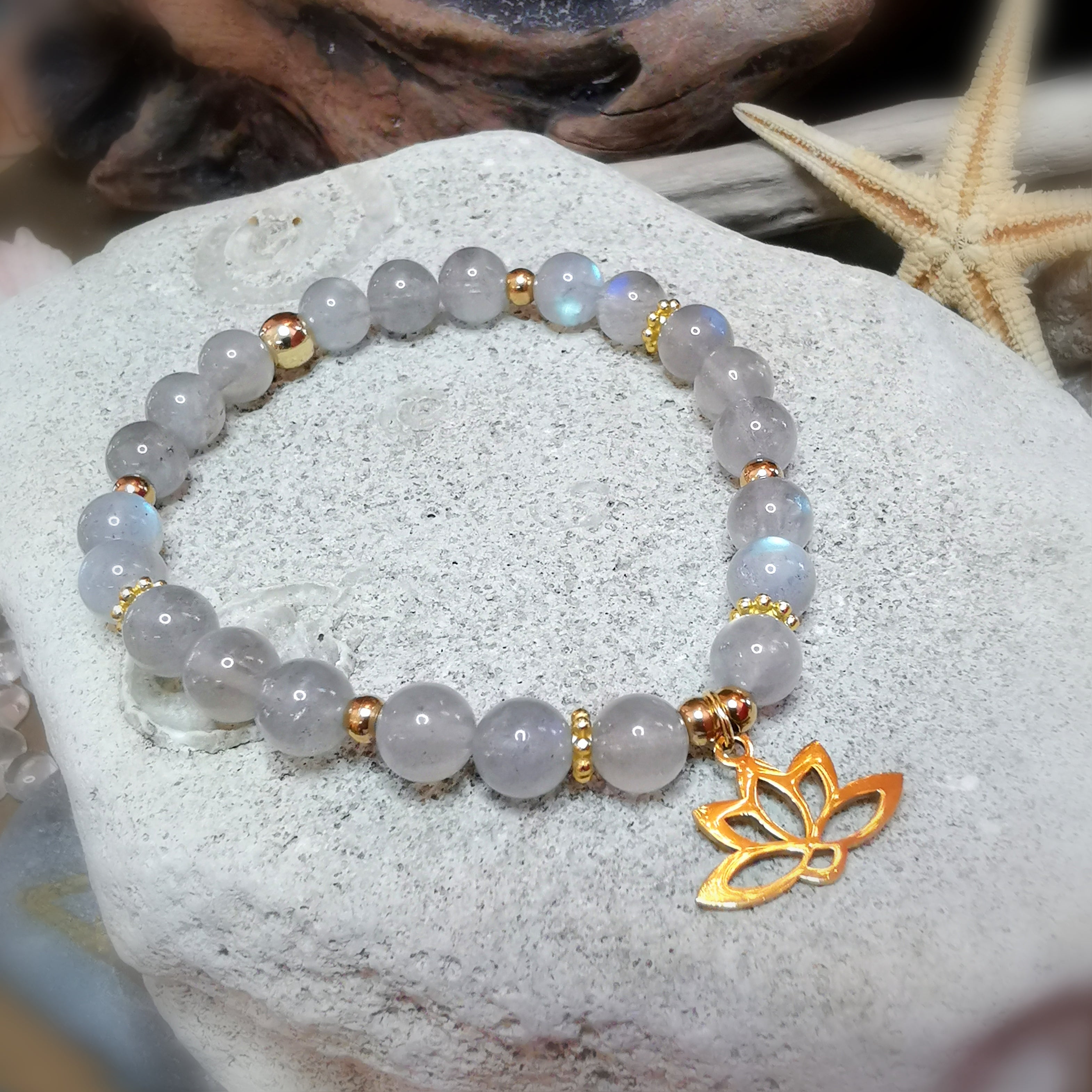 Labradorit Lotus Edelstein Karma Armband geweiht – Intuition, Schutz & Harmonie