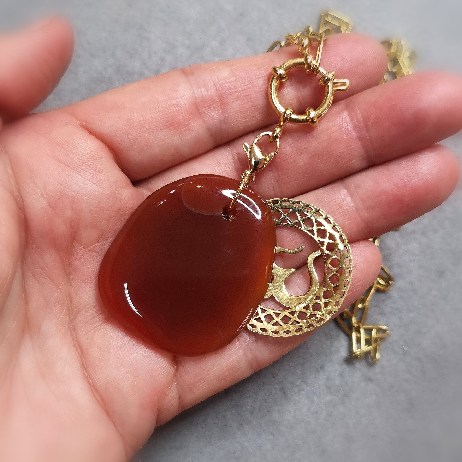Glücksachat Edelstahl Kette Gold XL – OM Symbol Charm mit Carneol Edelstein – Eigenliebe & Lebensfreude
