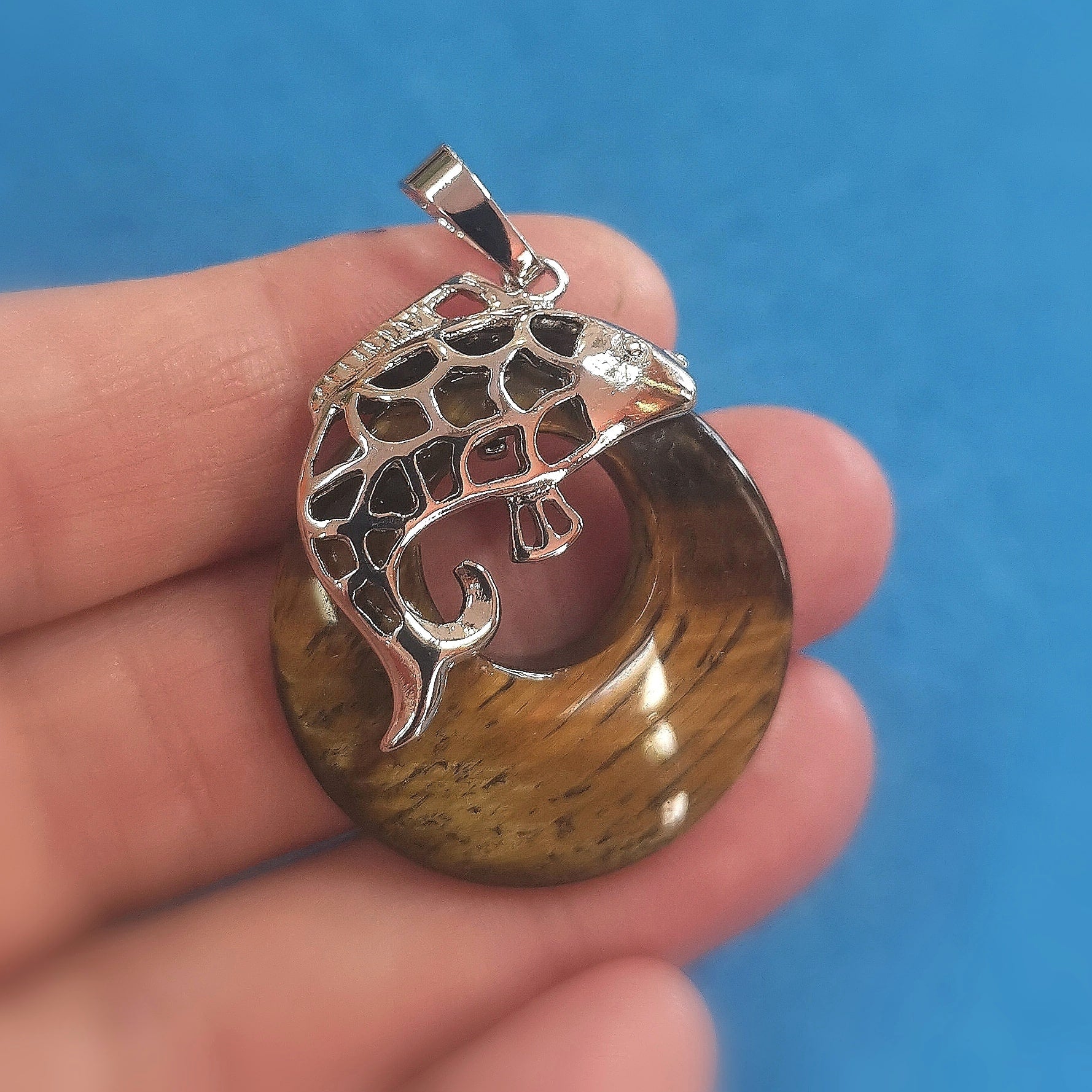 🐟 Glücksbringer Krafttier Fisch – Edelstahl Edelstein Anhänger mit Tigerauge