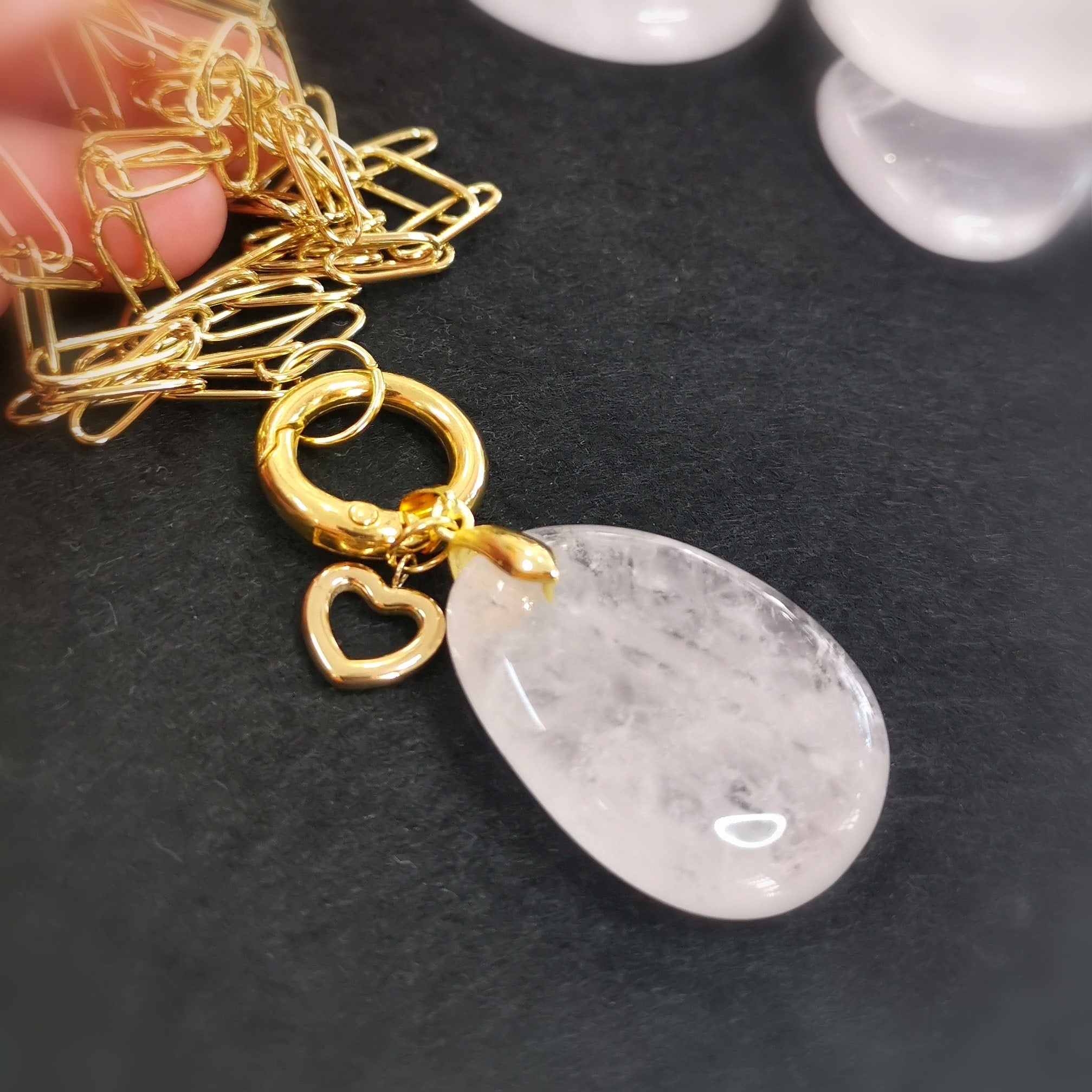 XL Rosenquarz Herz Edelstein Karma Kette – Gold Edelstahl & Chakra Energie