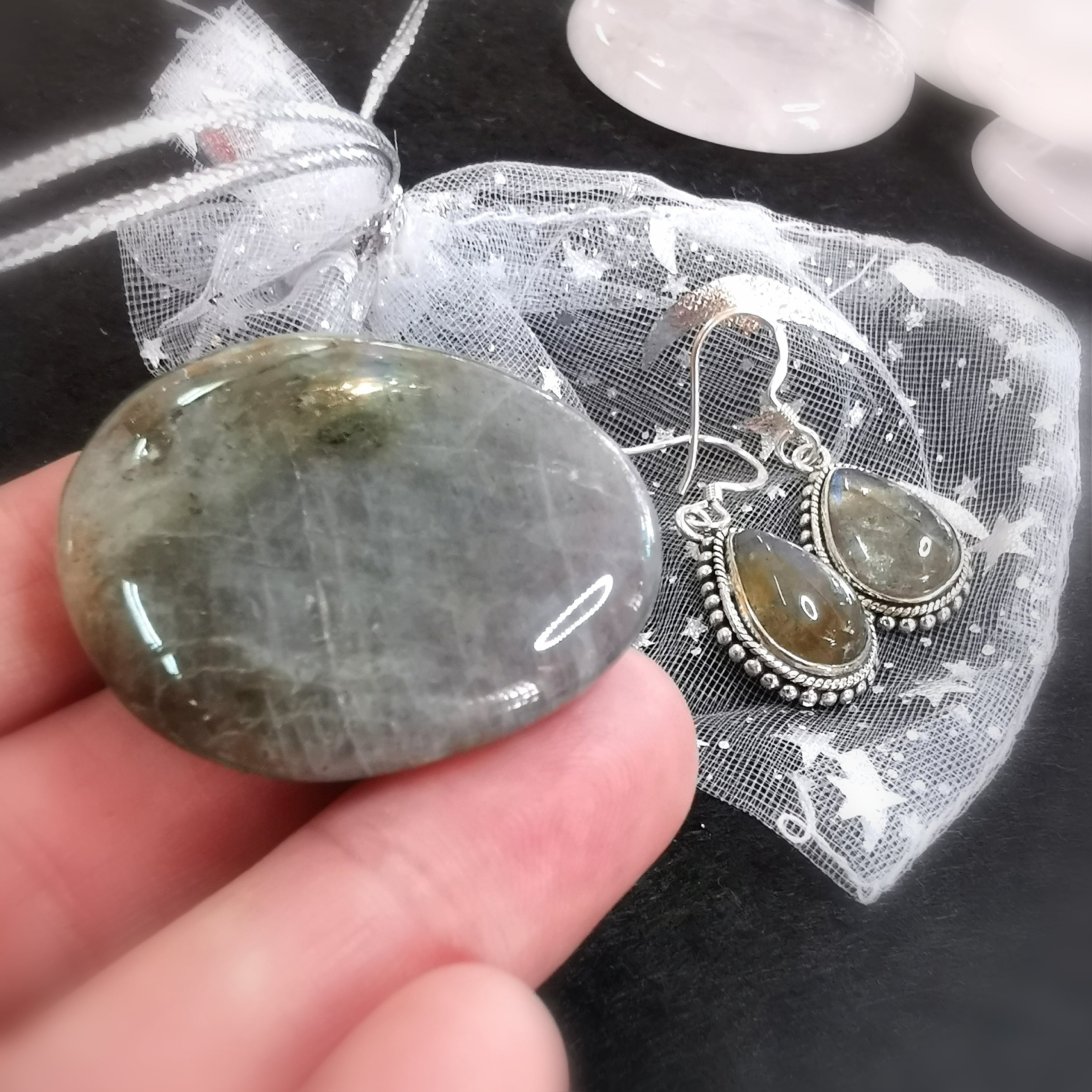 Labradorite Gemstone Gift Set – Earrings & Disc Stone Talisman