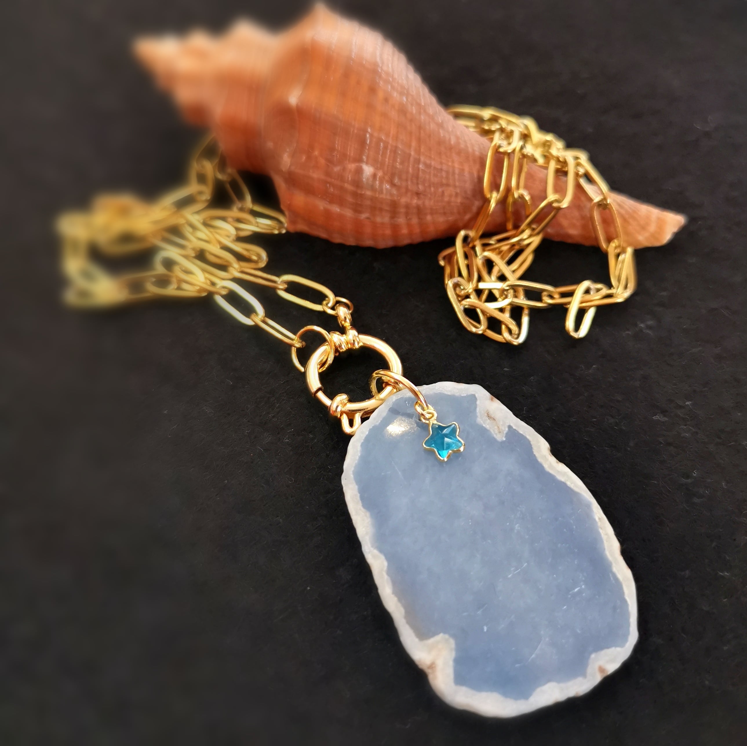Angelit XL Edelstein Amulett – Seestern Karma Gold Kette geweiht - Vertrauen