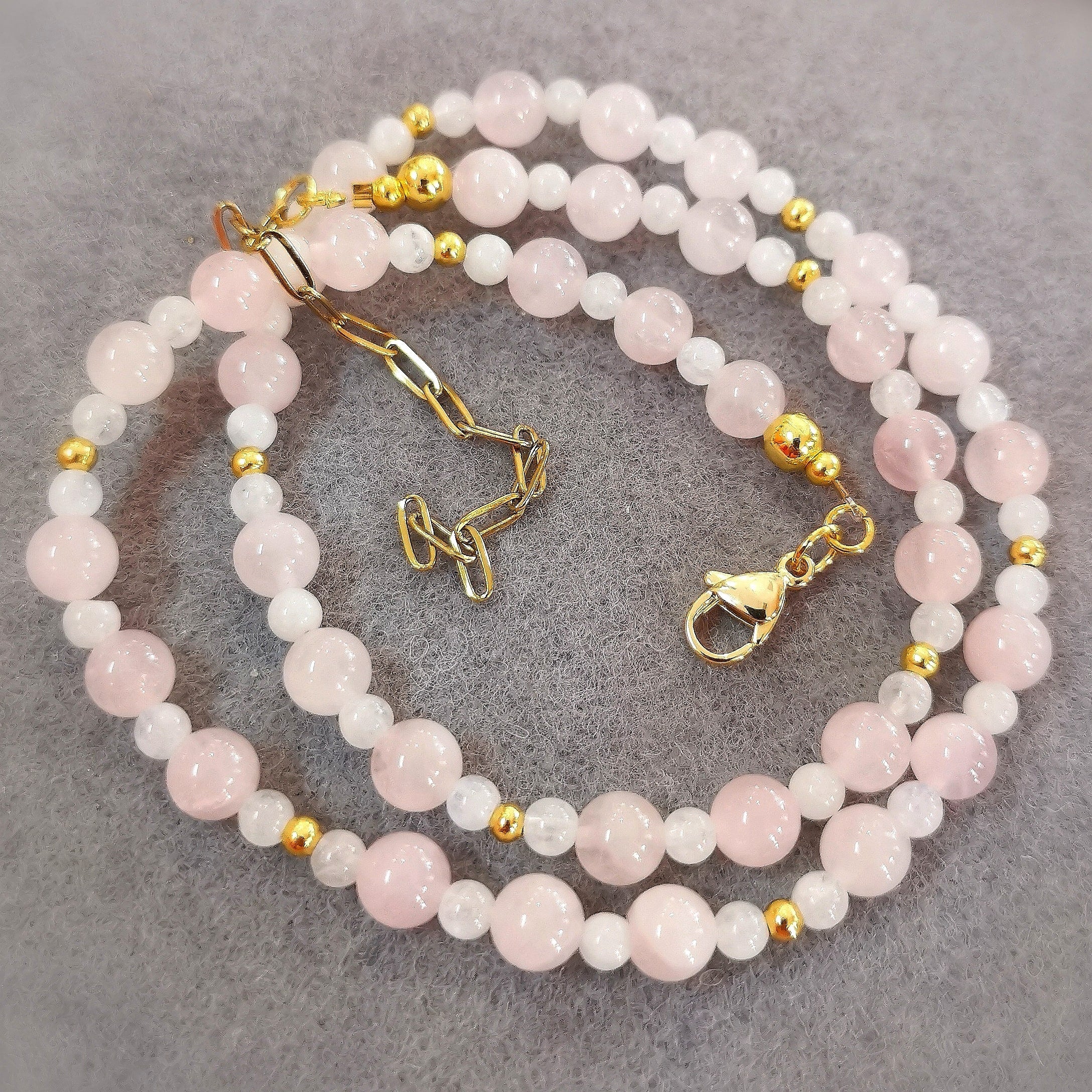 Mondstein & Rosenquarz Edelstein Kette Gold Edelstahl – für Liebe & heilende Kraft