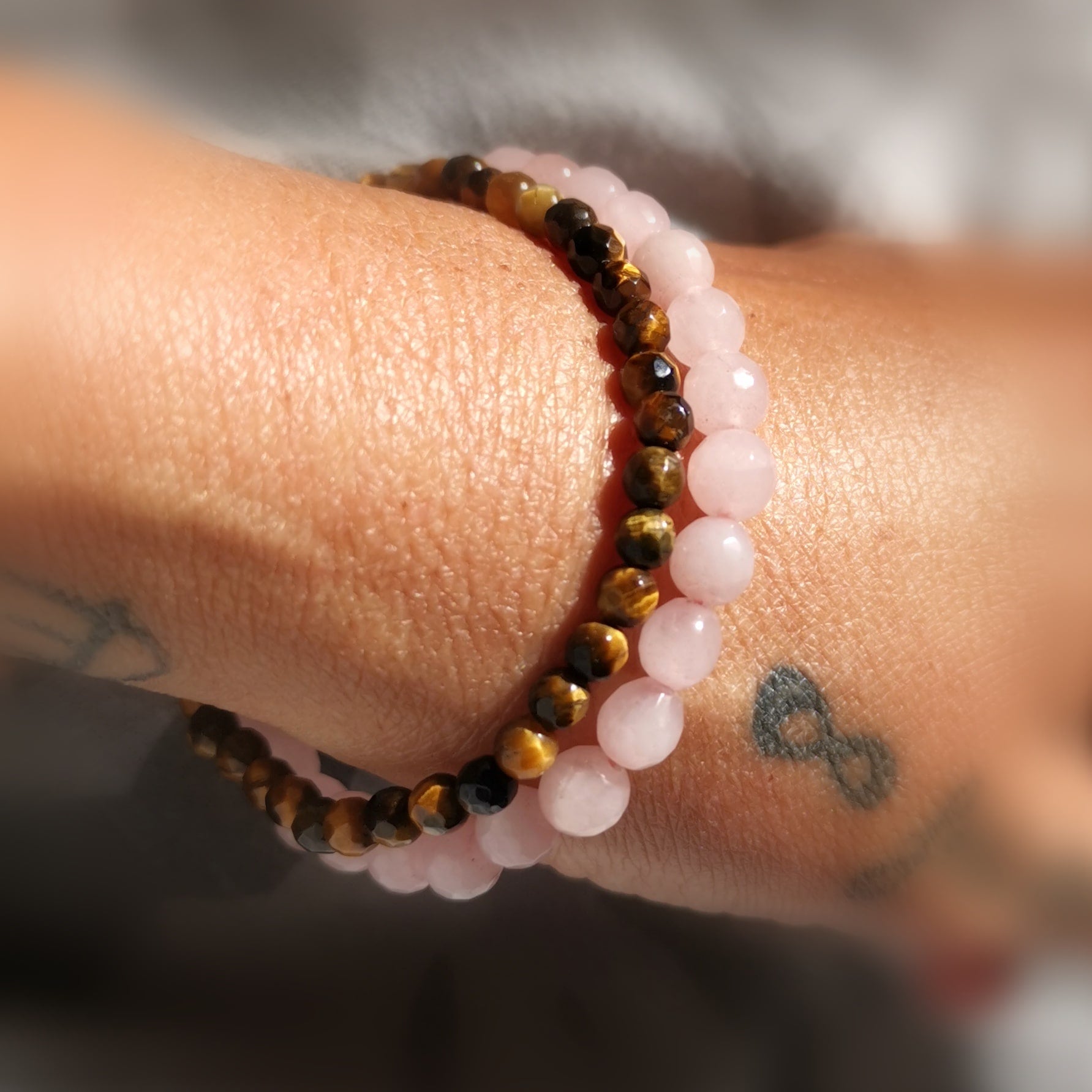 Tigerauge & Rosenquarz Armband Set – für Mut, Liebe & innere Balance