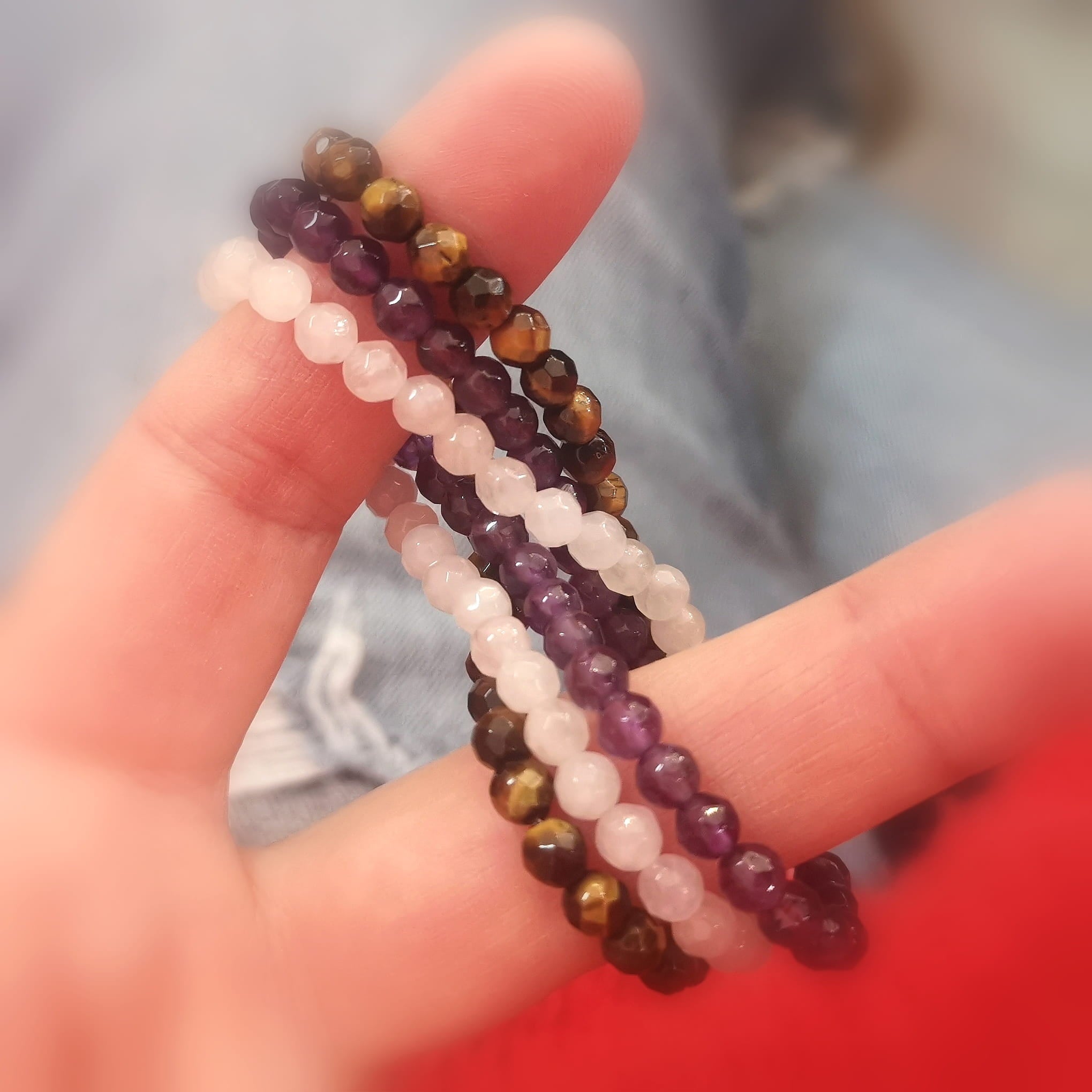 Tigerauge · Rosenquarz · Amethyst - Edelstein Karma Armband 3er Set - Balance & innere Klarheit
