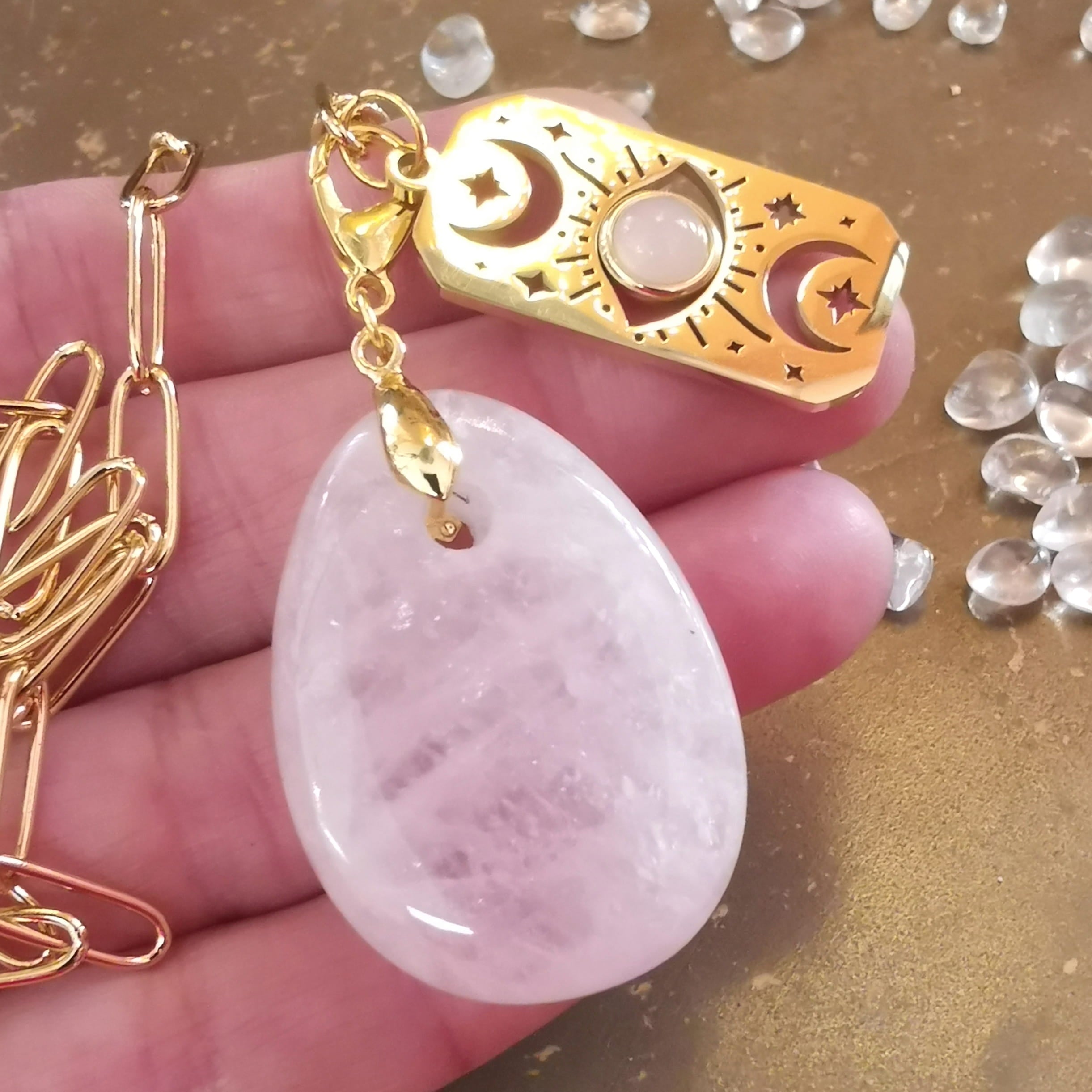 Gold Edelstahl Rosenquarz Edelstein Karma Yoga Kette XL – geweiht für Liebe zum Sein