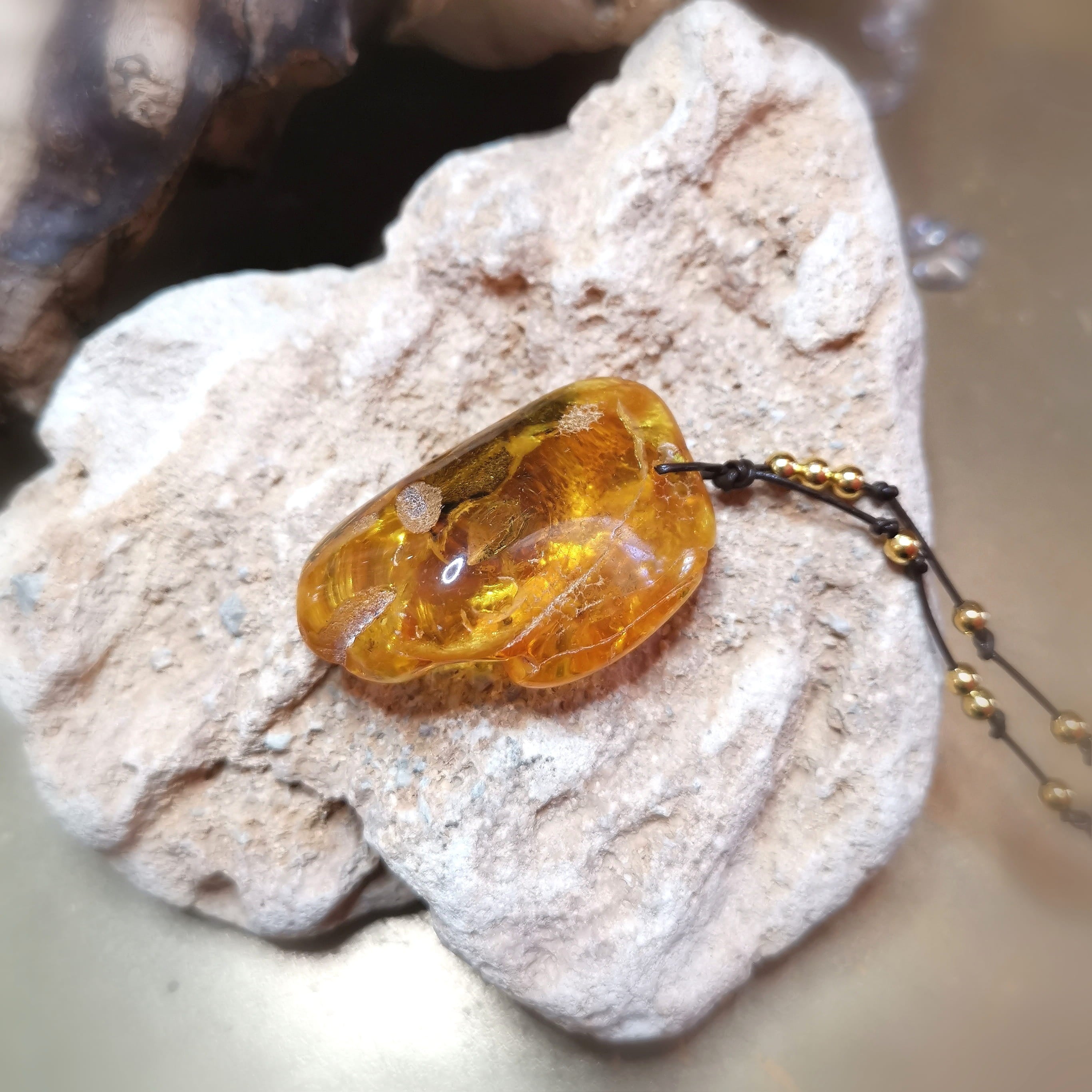 Amber Natural Nugget XL Leather Chakra Necklace – for Inner Sunshine & Confident Radiance