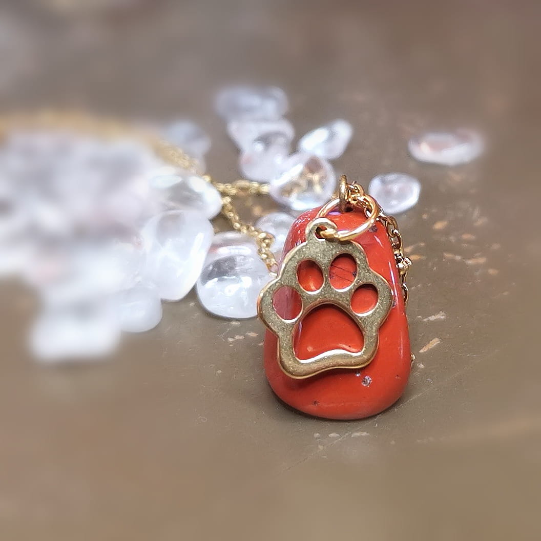 Jaspis Edelstein Pfoten Amulett Gold Rot – Karma Kette für Tierliebe & Herzensverbindung