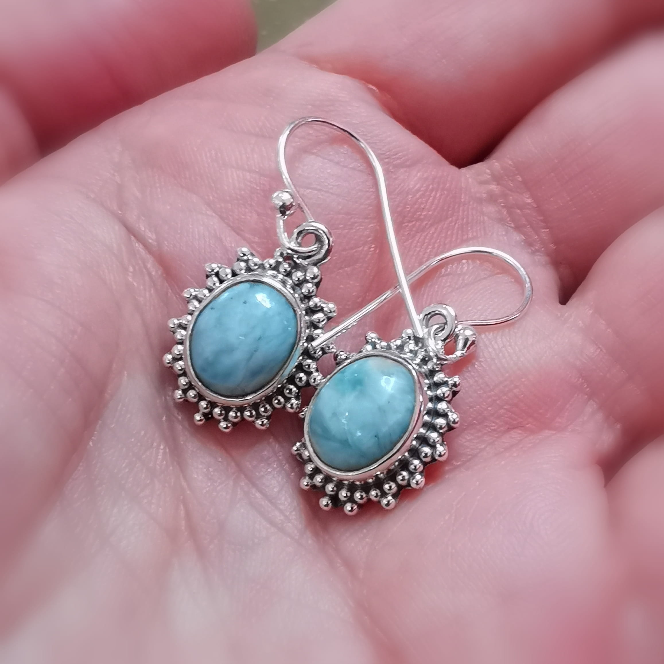 Larimar Karibik Edelstein Sterlingsilber Boho Ohrringe – geweiht für Leichtigkeit & Freiheit