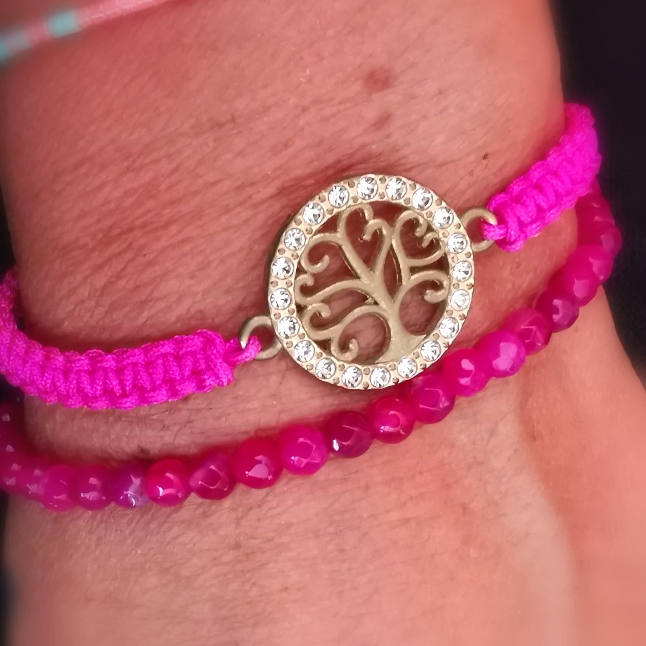 Lebensbaum Makramee & Rosa Pink Achat Armband Set – geweiht für Liebe, Wachstum & Lebensfreude