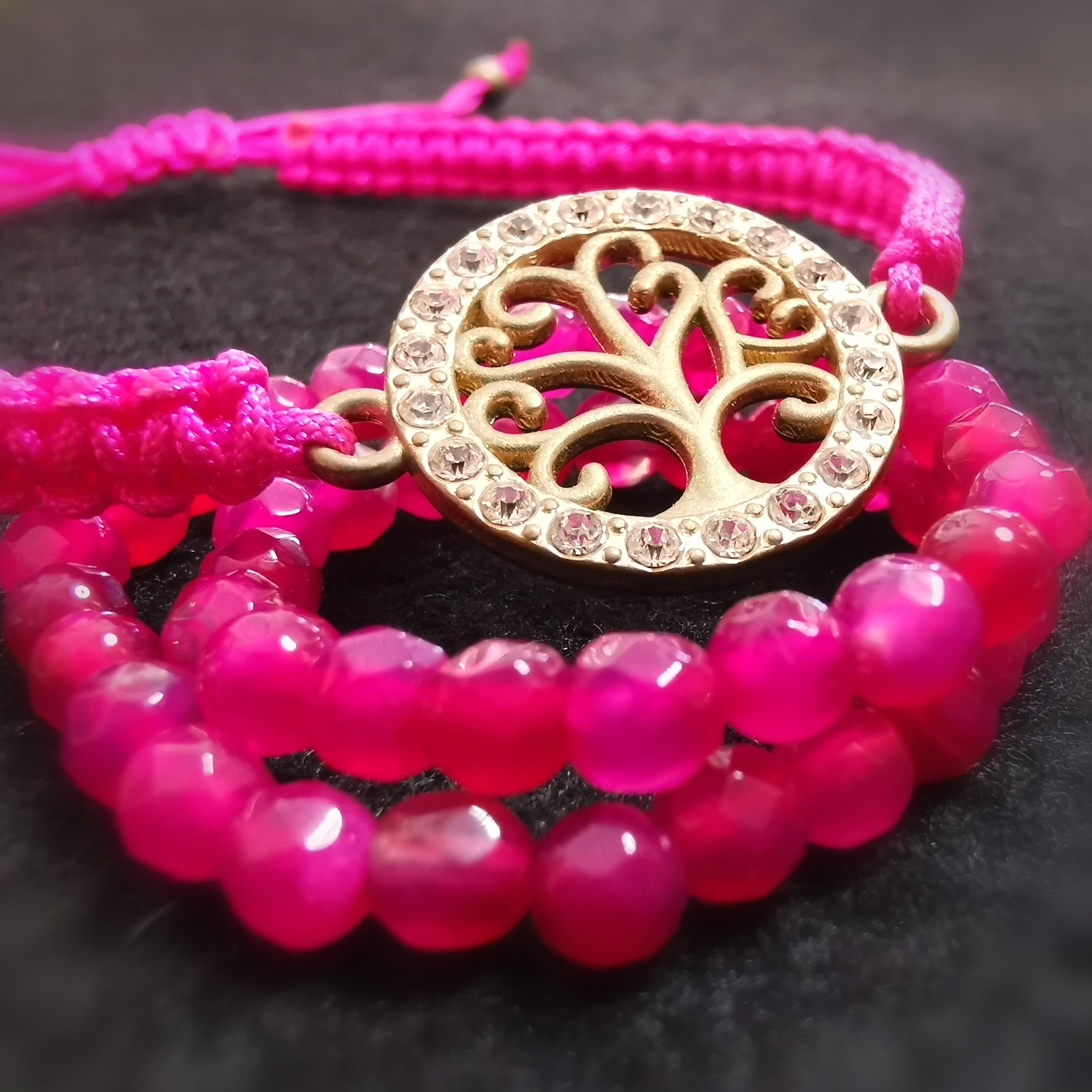 Lebensbaum Makramee & Rosa Pink Achat Armband Set – geweiht für Liebe, Wachstum & Lebensfreude