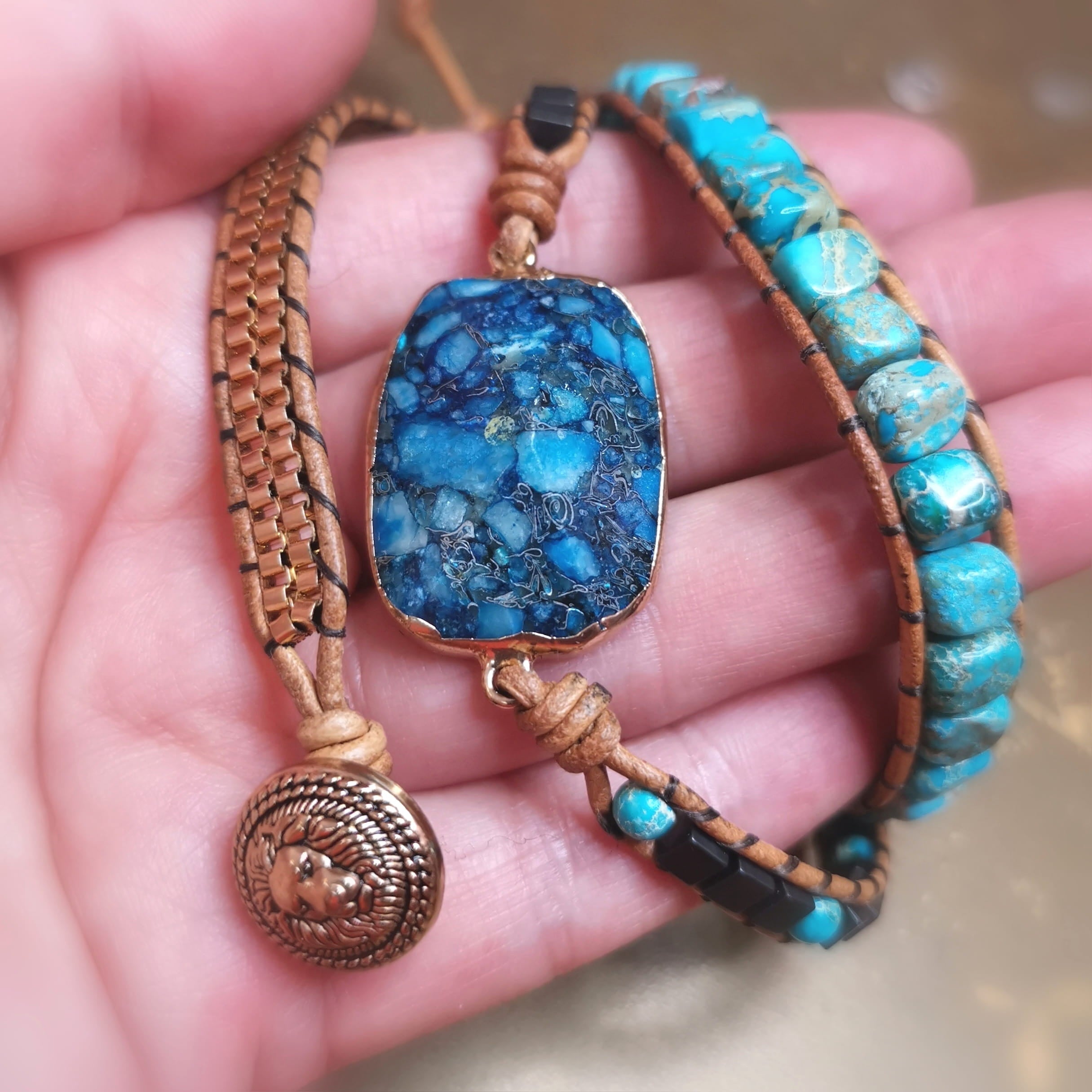 Türkis Hämatit Edelstein Boho Wickelarmband – geweiht für Schutz, Freiheit & innere Stärke