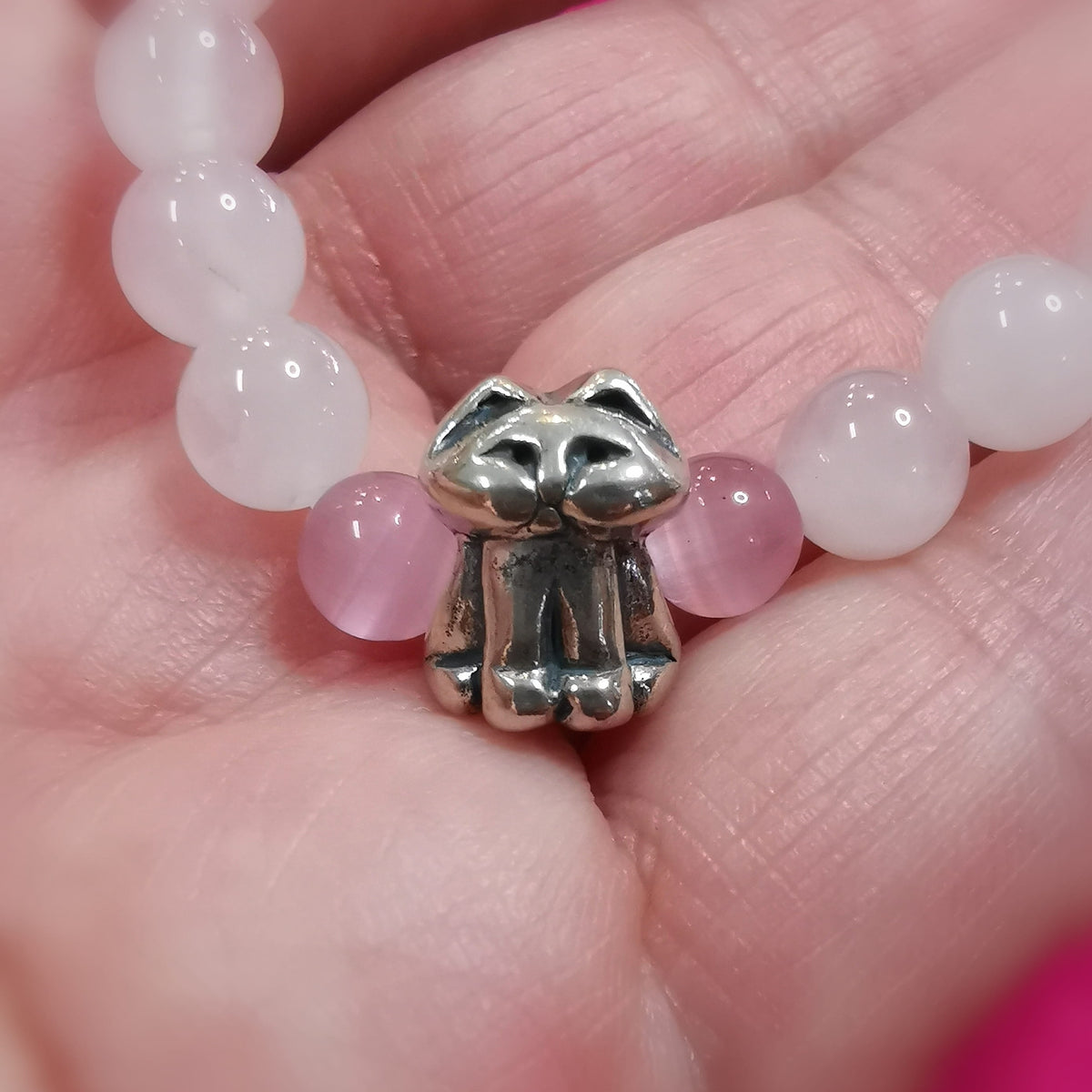 Katze Rosenquarz Karma Edelstein Armband – Schmusekatze, Liebe & Geborgenheit