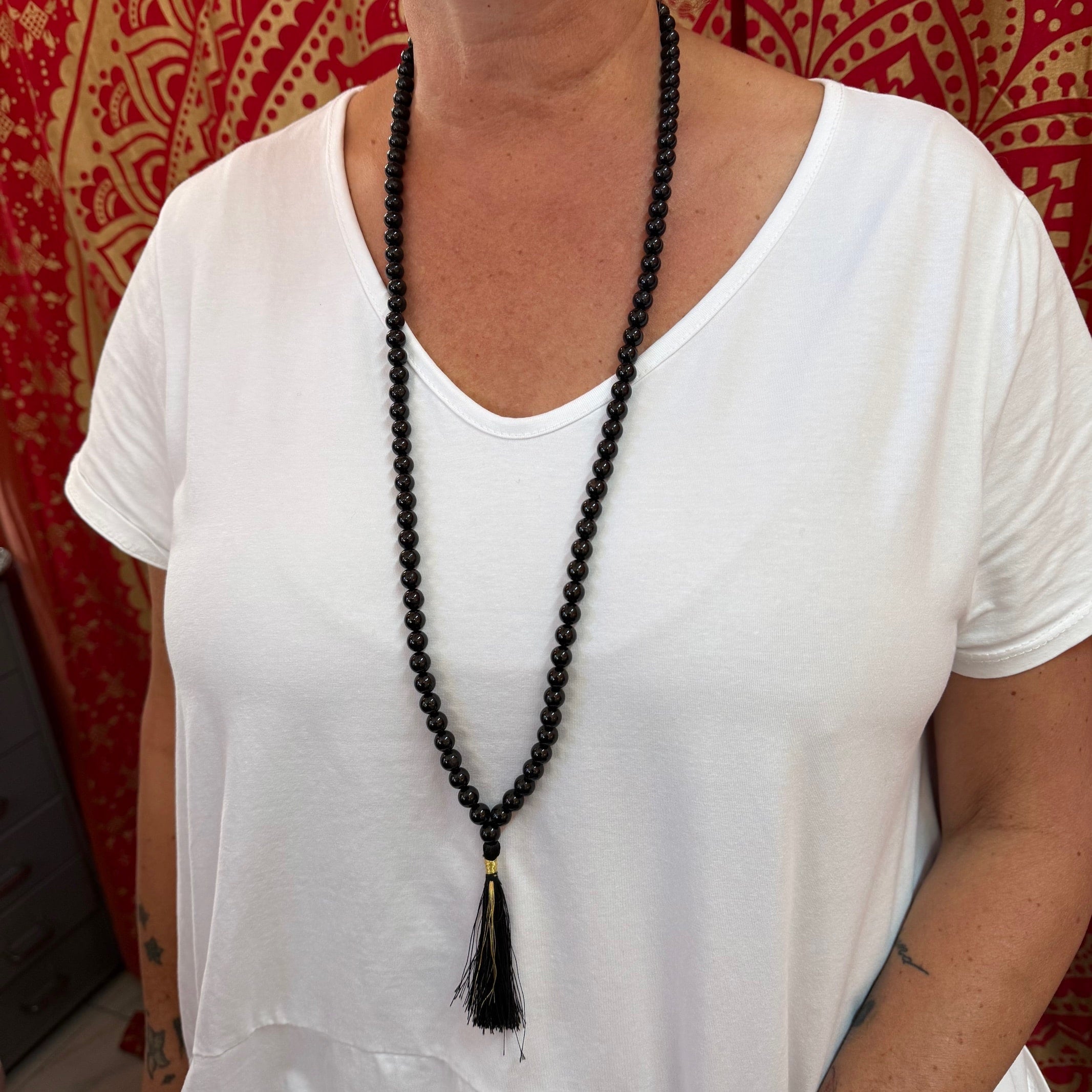 Turmalin Mala Edelstein Heilstein AAA, Gebetskette 108 Perlen schwarz, Schutz und Befreiung