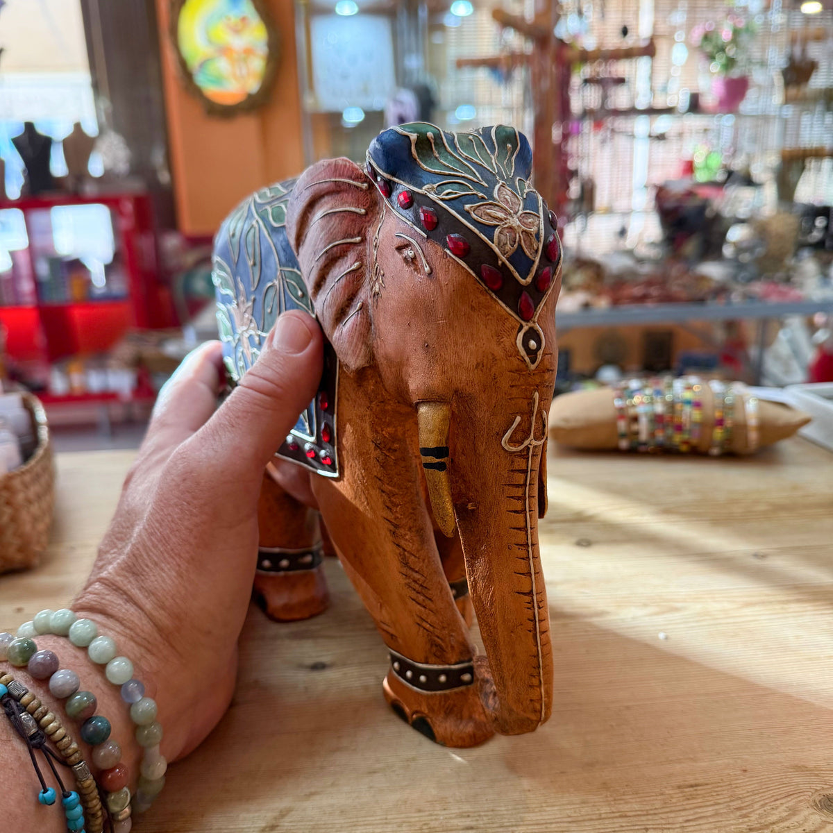 Großer Holz Elefant handbemalt - Dekoration Meditation – Glück, Stärke & Weisheit