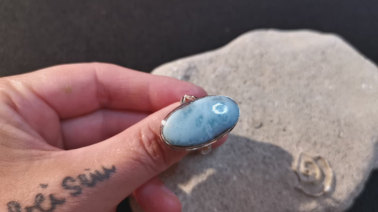 Larimar Edelstein Heilstein Ring Sterlingsilber Größe 62 -65 verstellbar - Freiheit und Schutz
