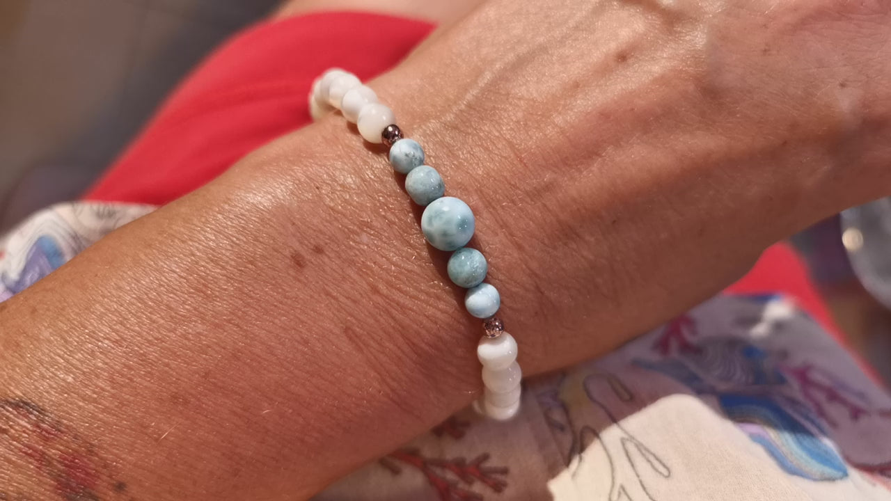 Larimar Perlmutt Heilstein Edelstein Karma Armband, geweiht, Aura Chakra Reinigung und Kraft, wundervolles Leben