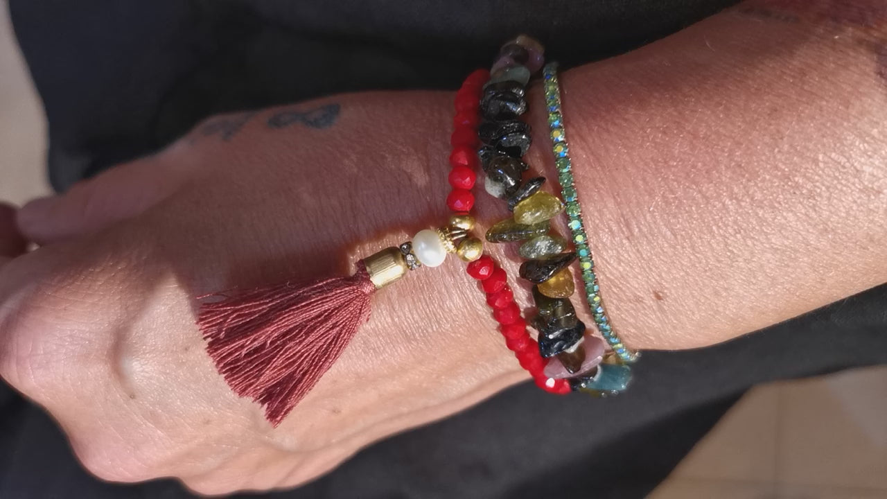 Boho Edelstein Armband 3er Set, Turmalin Heilstein schwarz grün rot bunt, Kristalle, geweiht, Lebenskraft für neue Wege