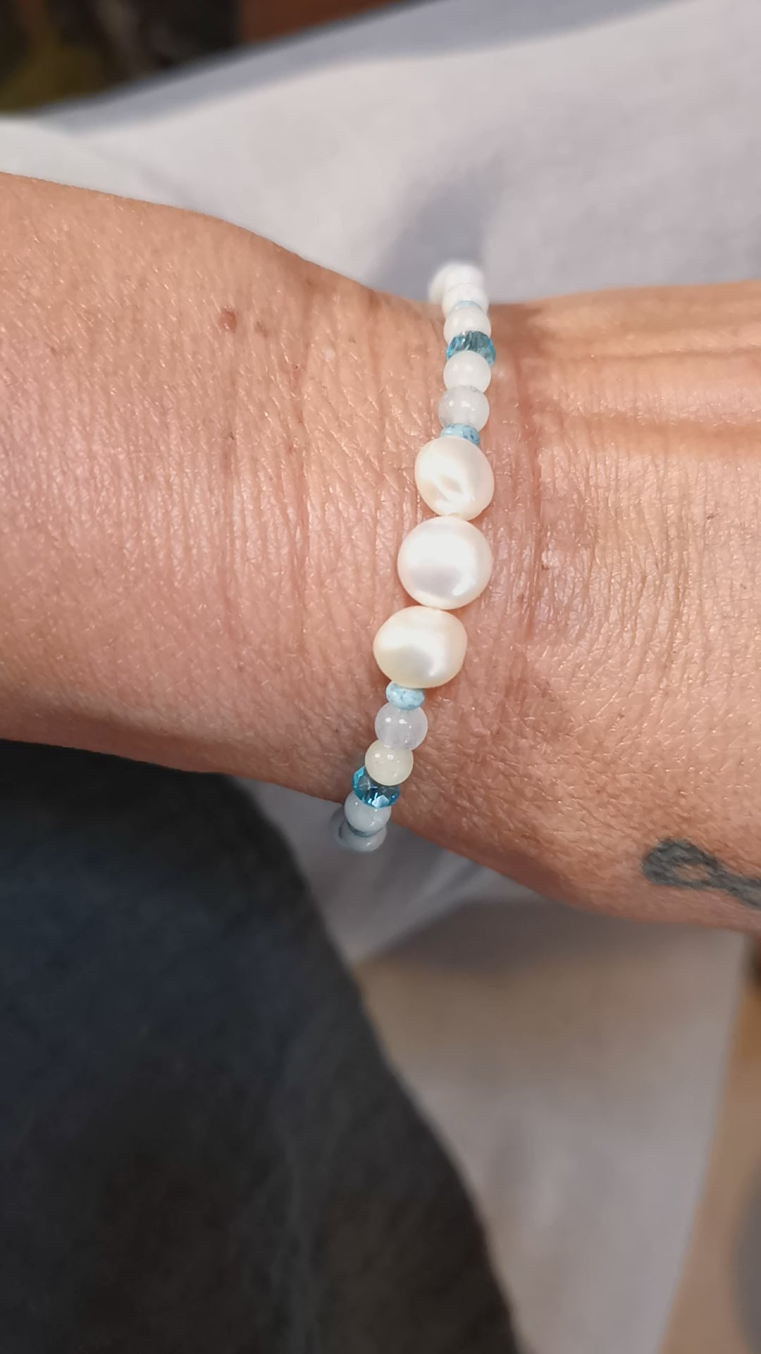 geweihtes Karma Armband Aquamarin Perle, Edelstein Heilstein Harmonie, das Leben ist schön