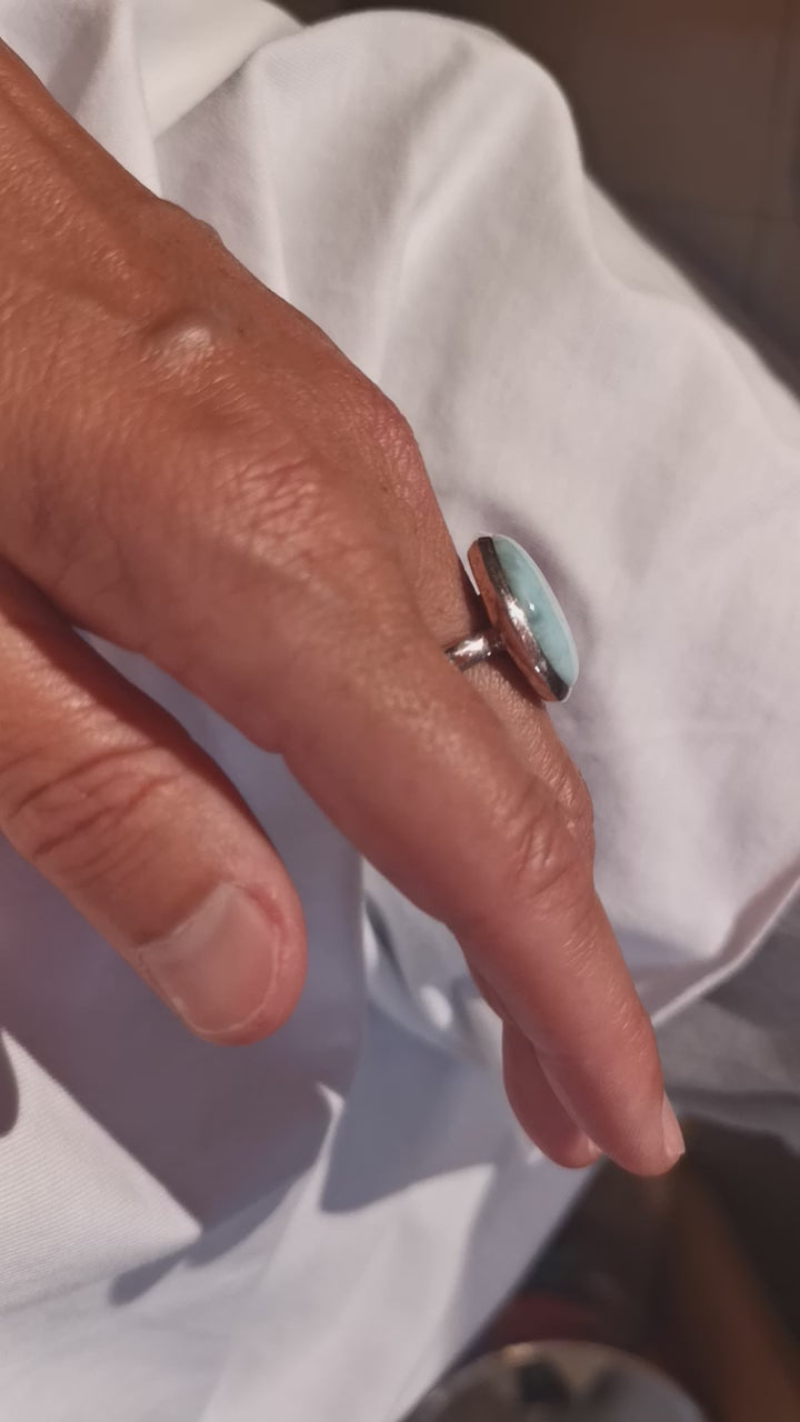 Larimar Edelstein Heilstein Ring Sterlingsilber Größe 58 - 61 verstellbar, geweiht - Freiheit und Schutz
