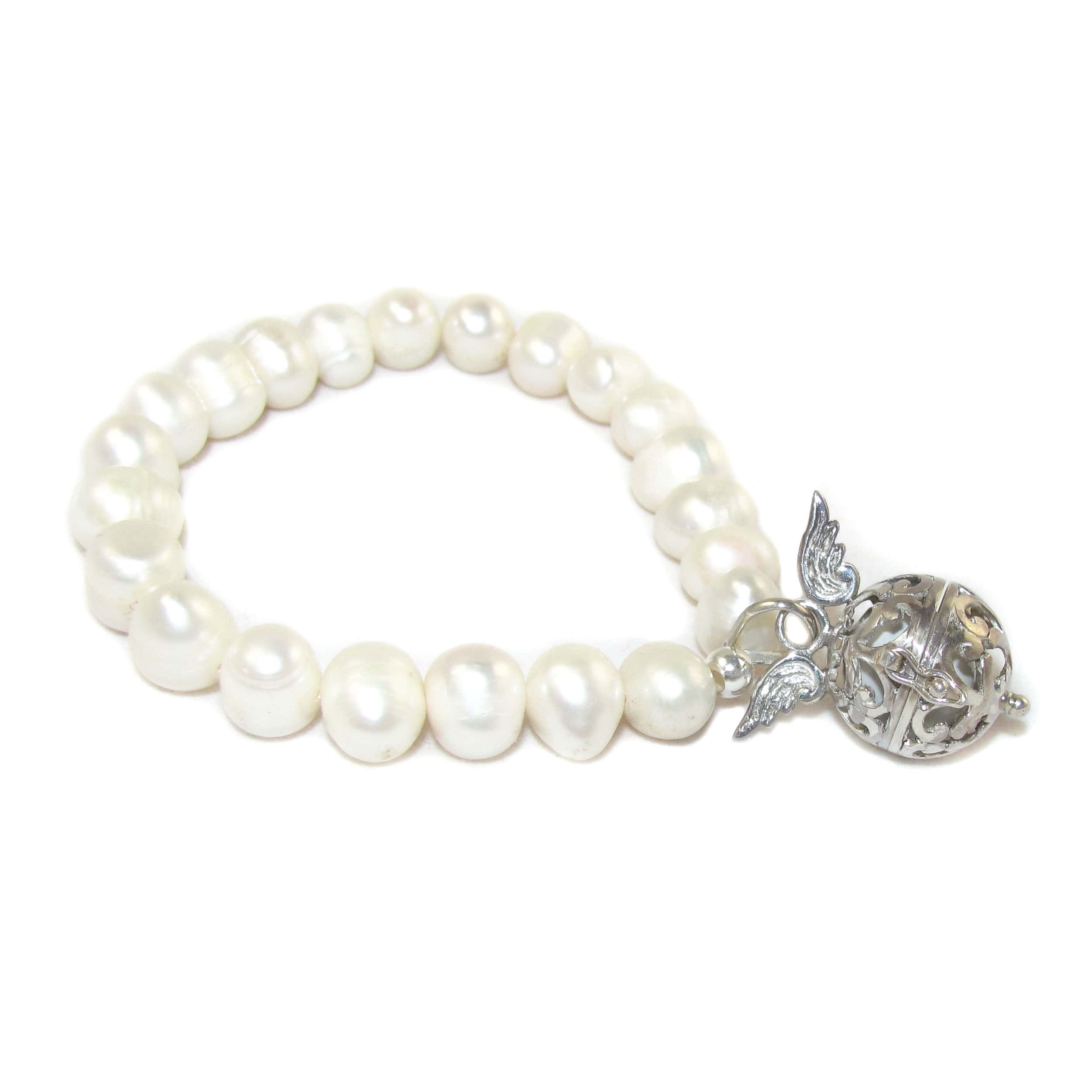 Engelsrufer Klangkugel Flügel Karma Armband mit Süßwasser Perlen, Heilsteinschmuck, Klarheit und Erkenntnis