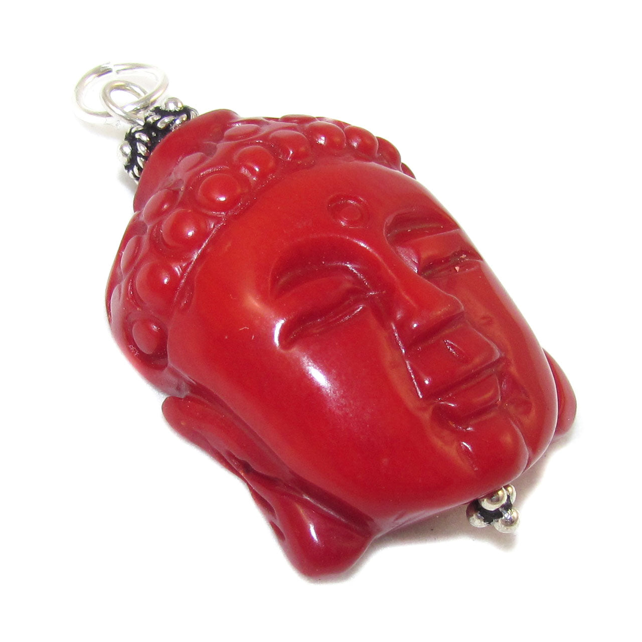 Colgante de piedra preciosa con cabeza de Buda, hecho a mano, coral en rojo - energía vital y paz