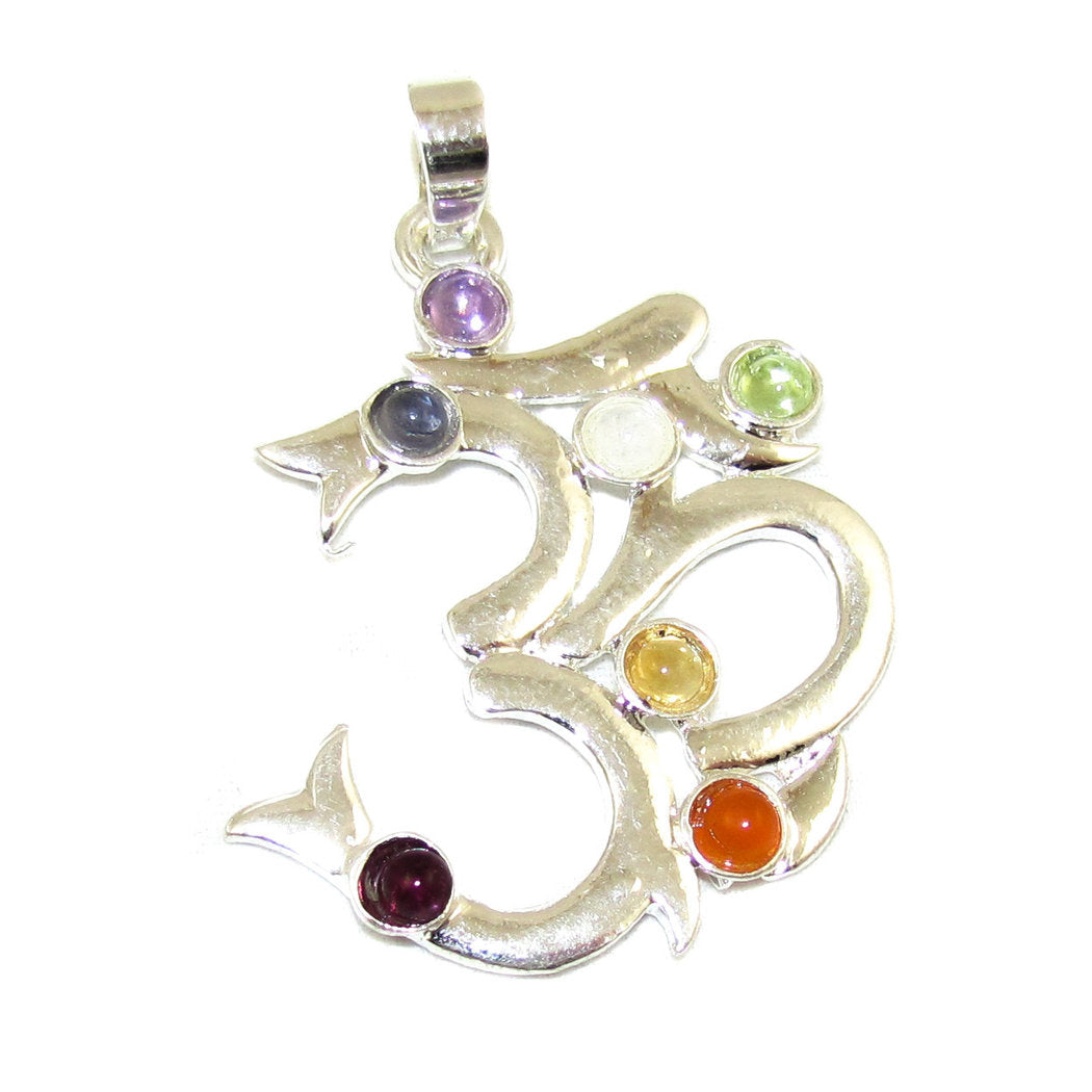 OM Chakra Schmuck Anhänger, versilbert, mit Edelsteinen - Harmonie, innerer Frieden