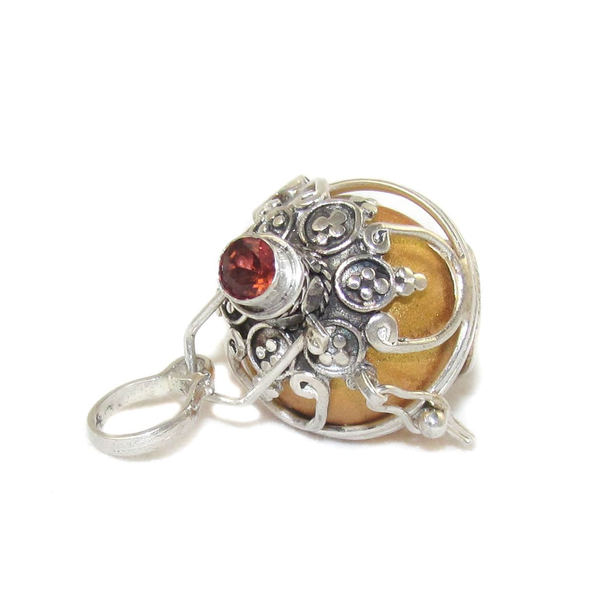 Engelsrufer Klangkugel Granat Edelstein Heilstein Anhänger, Gold Metallic Silber Special Edition, geweiht - Liebe, Erdung, Verbundenheit