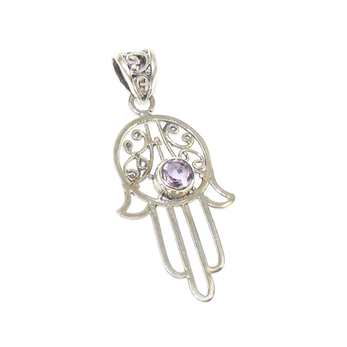 Fatimas Hand, heilende Hand, Schutzamulett Amethyst Edelstein Anhänger Sterlingsilber
