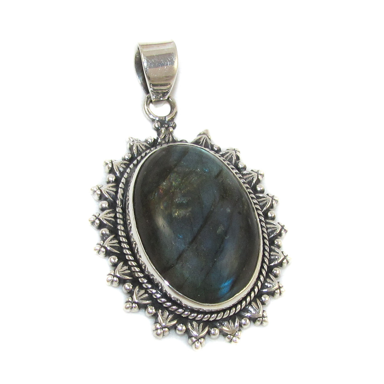 Labradorit Edelstein Sterlingsilber Anhänger XL, Bali Schmuck, Mondstein, in Harmonie