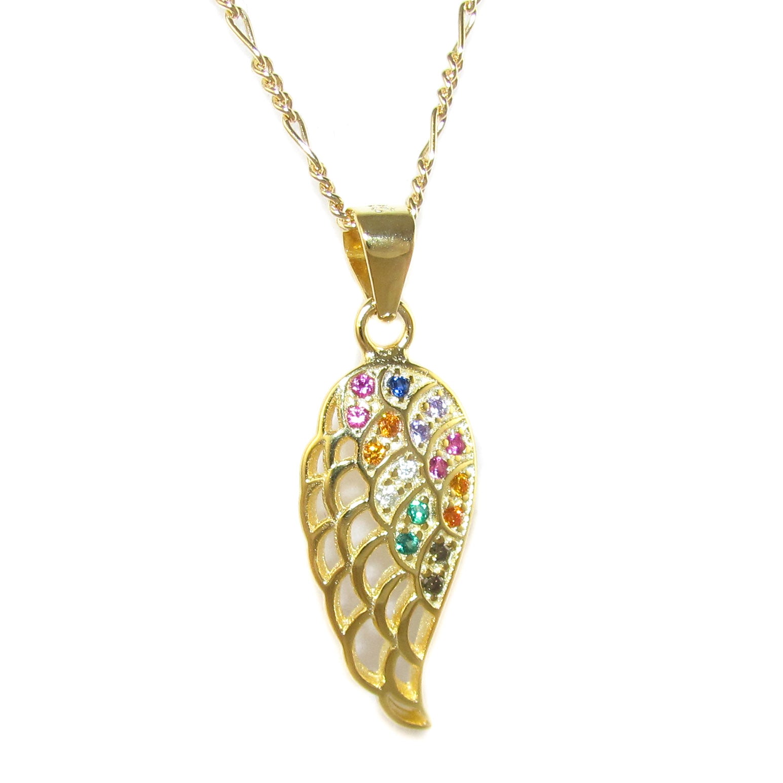 Collar ala de ángel, plata de primera ley bañada en oro, con circonitas de colores, luz y amor