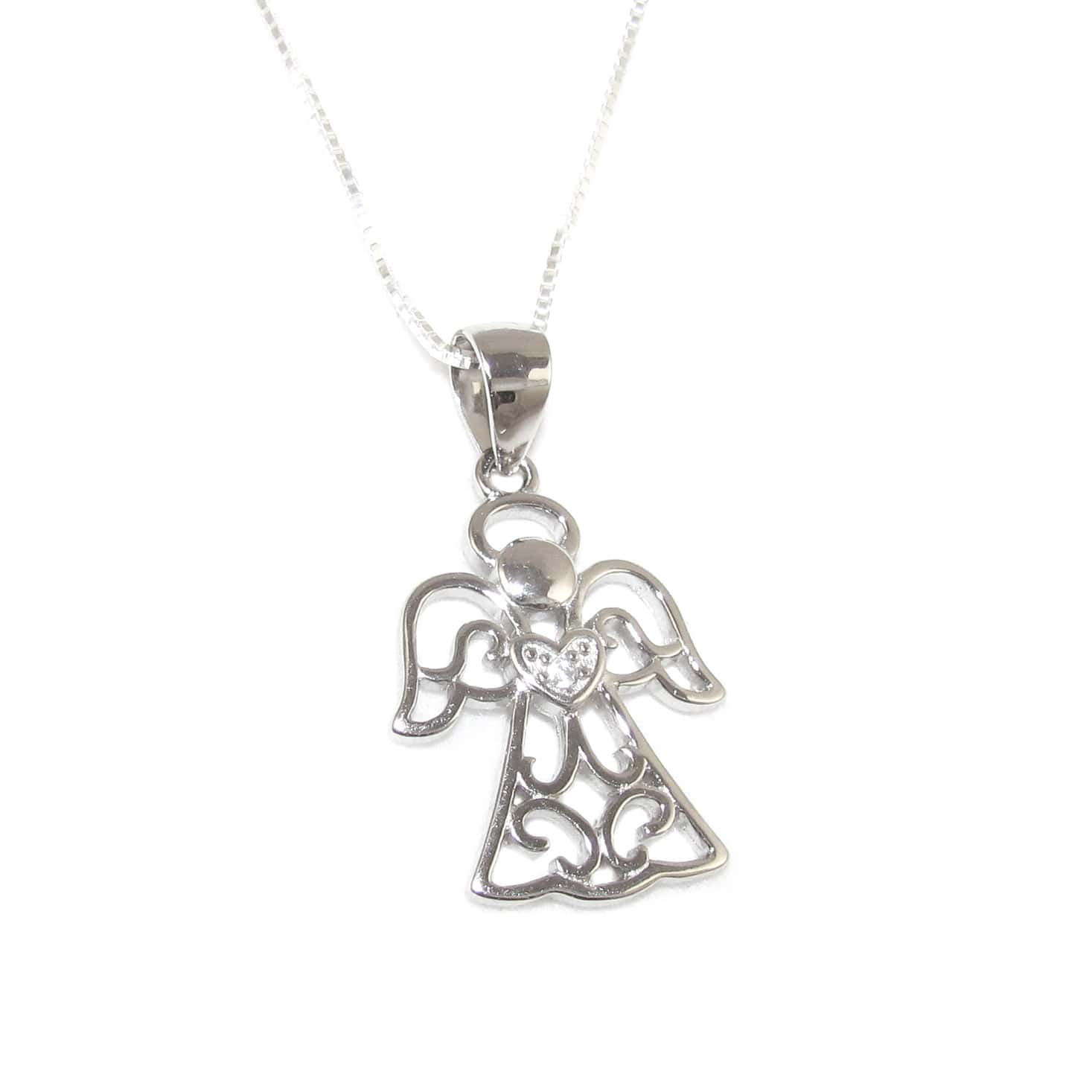 Schutzengel mit Herz, Design Sterlingsilber Engelchen Kette mit Zirkon Edelstein, geliebt und behütet