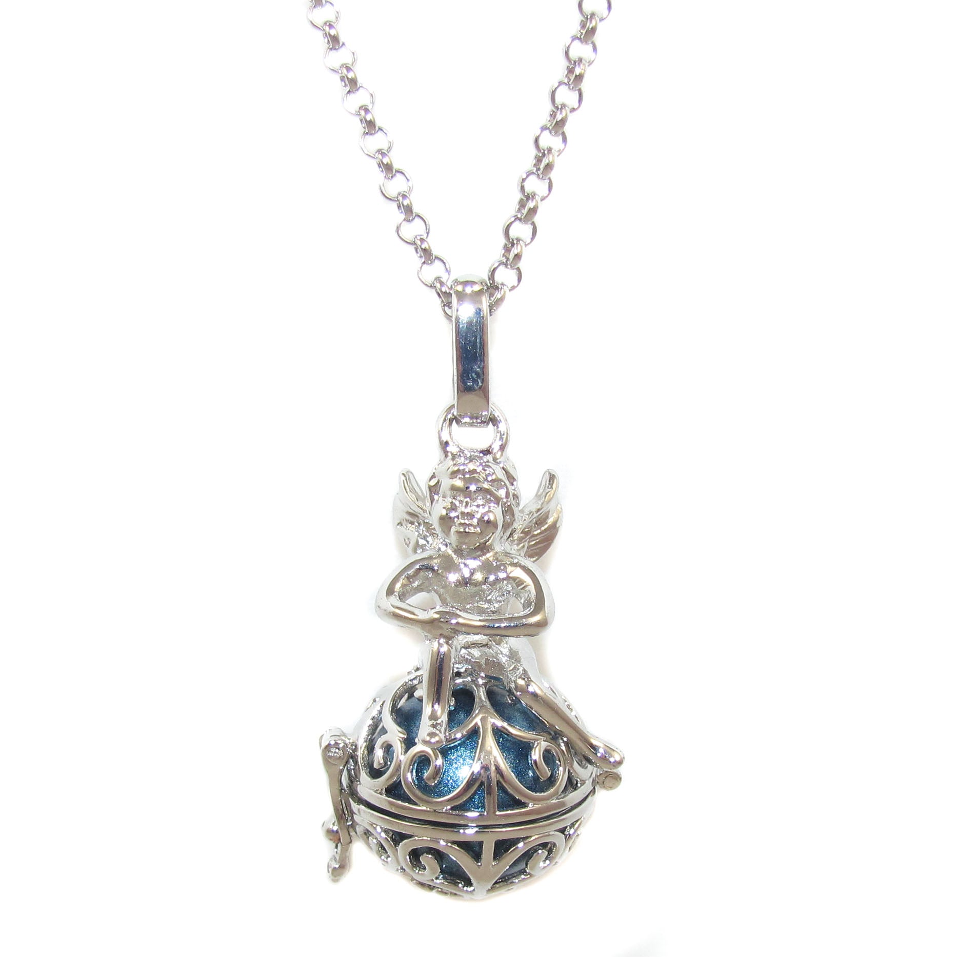 Engelsrufer mit Schutzengel Fashion Edelstahl Kette 70 cm, Blau Silber
