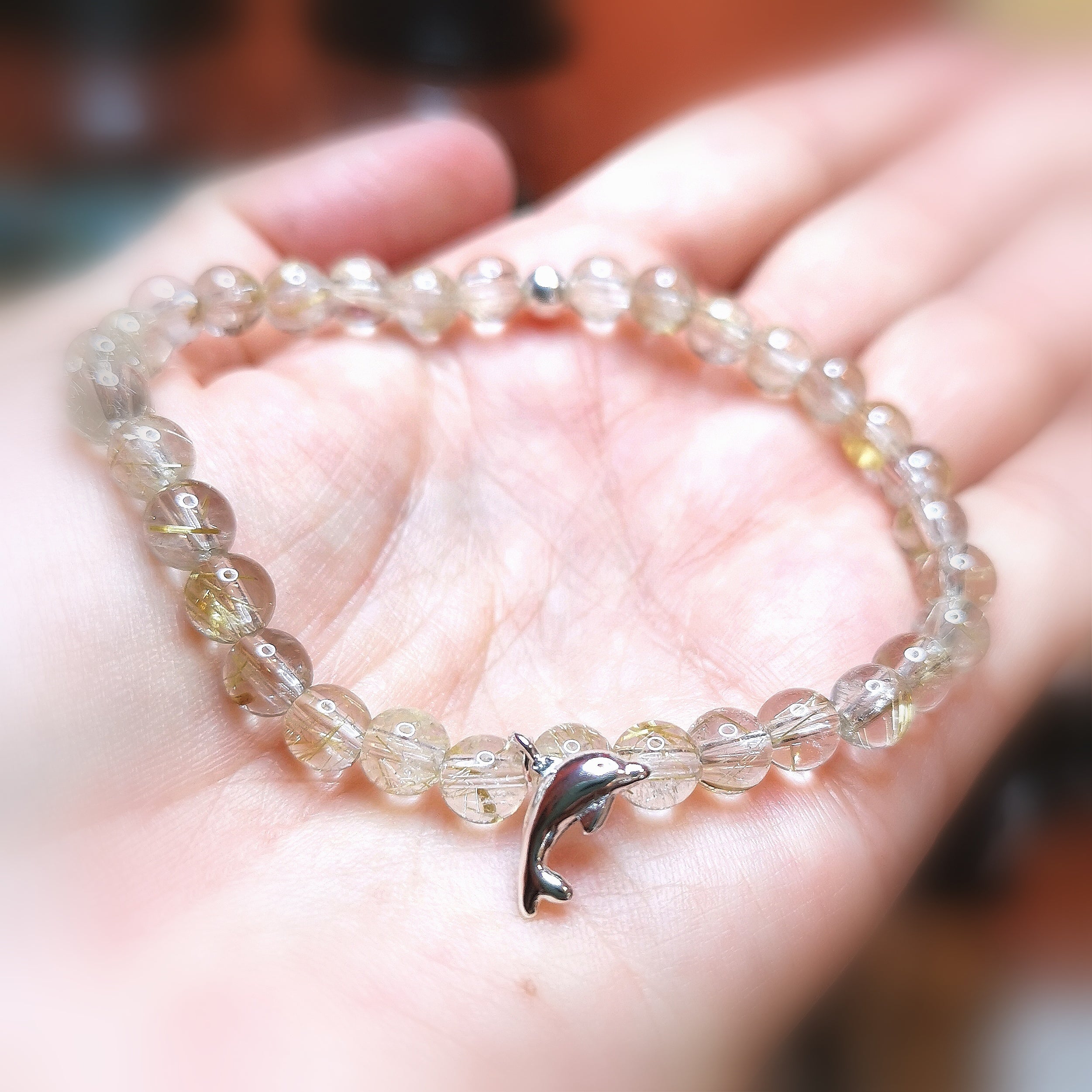Gold Rutilated Quartz Gemstone Karma Dolphin Bracelet, Live and Love