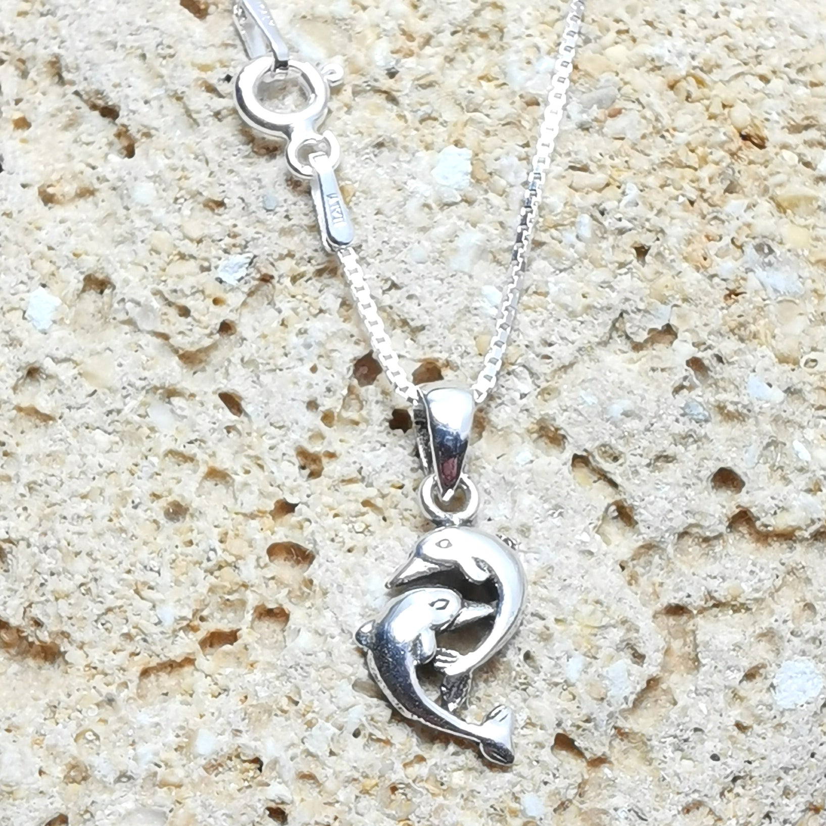 Delfin Paar Krafttier Sterlingsilber Kurzkette 40 cm, Engel des Meeres, Seelentier