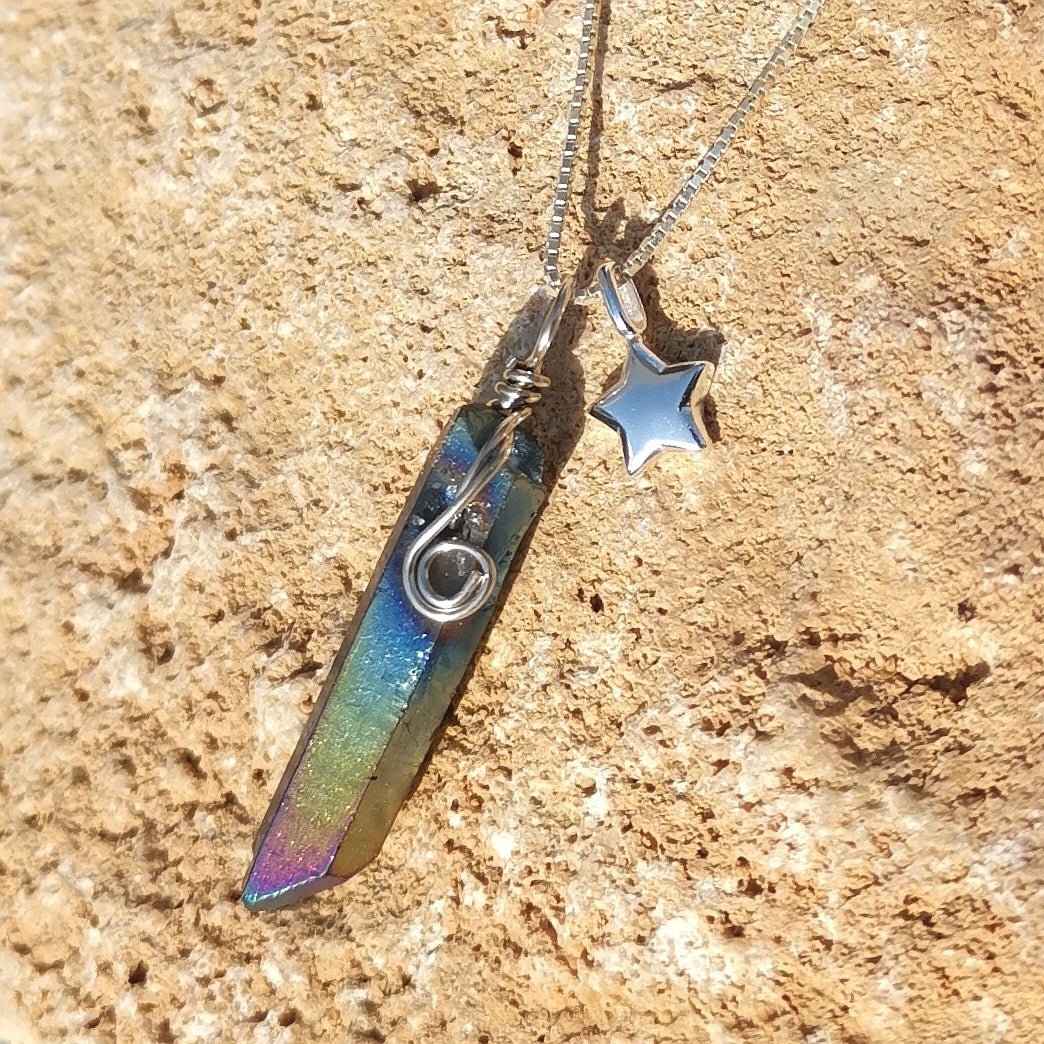 Aqua Aura Spitze Stab Heilstein Edelstein Karma Kette mit Glücksstern - Karmaerlösung