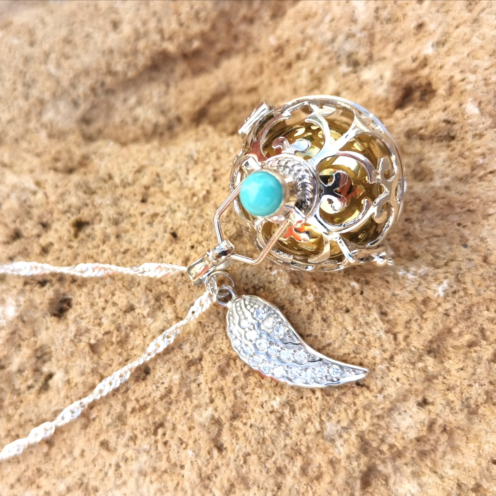 edle Engelsrufer XL Strass Flügel Türkis Edelstein Sterlingsilber Kette 60 cm - geweiht - Mut