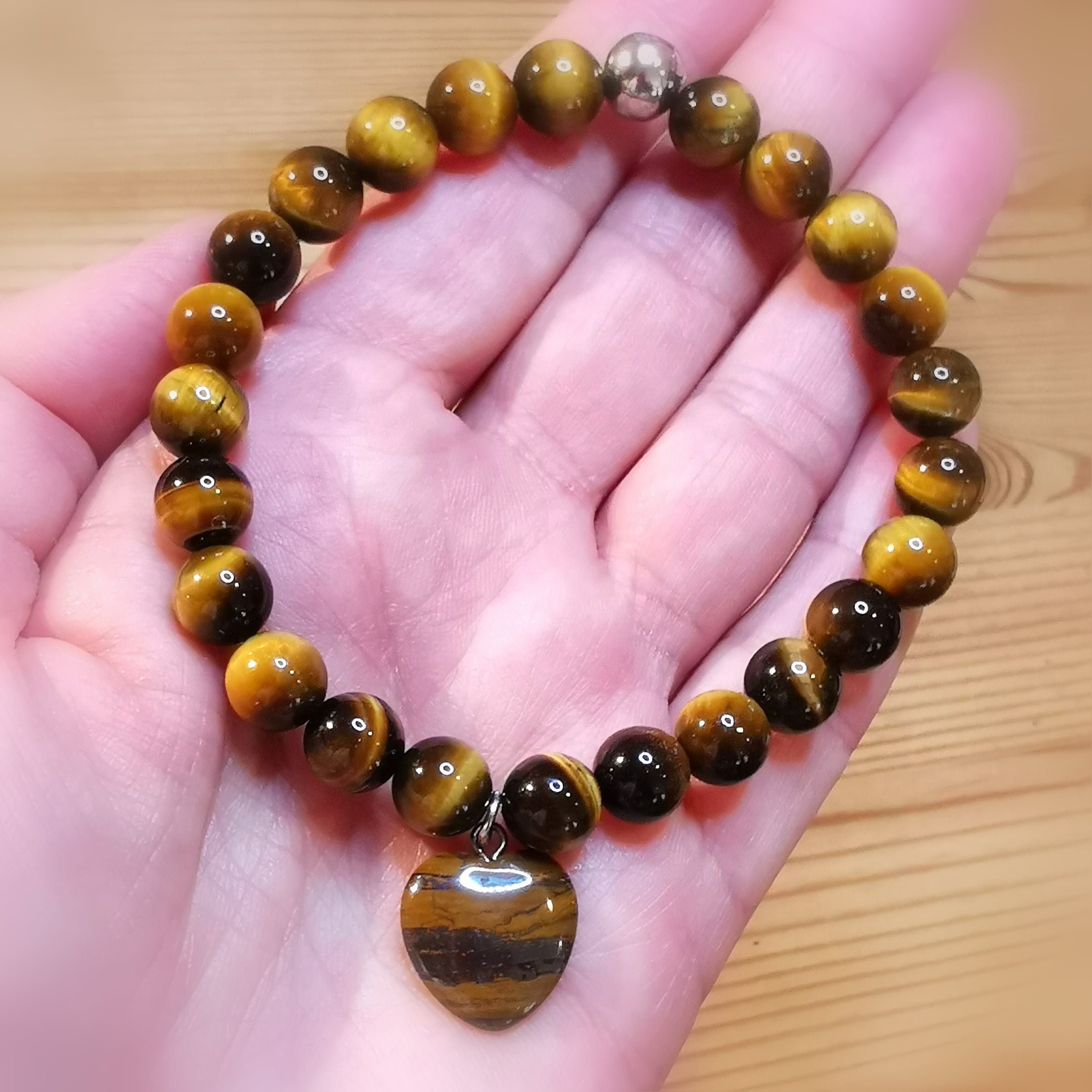 Herz Edelstein Karma Armband, Tigerauge goldbraun, Heilstein Chakra wellness, Lebensmut, samaki