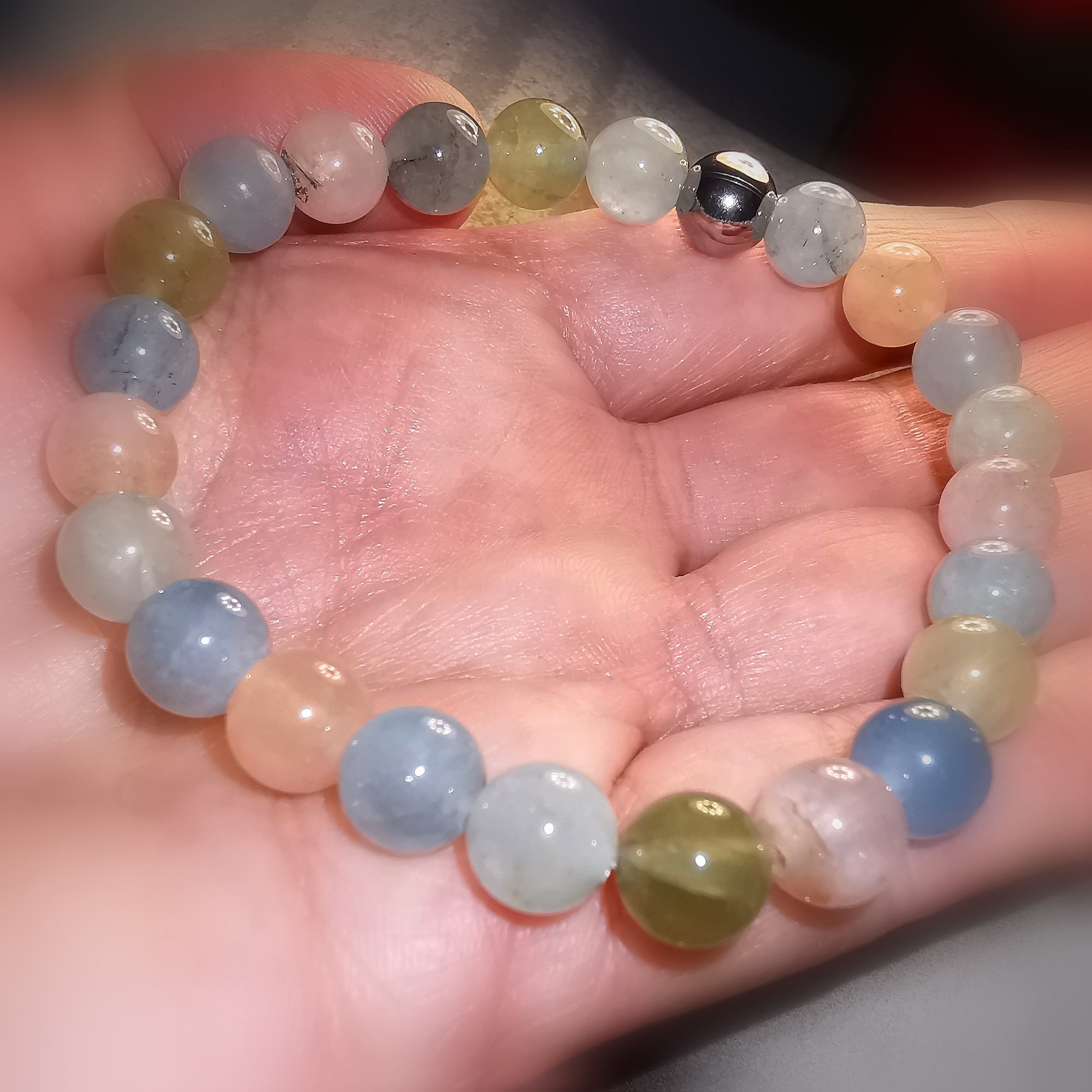 Morganit Heliodor Aquamarin Heilstein Karma Armband, Beryll Edelsteine, standhaft mutig