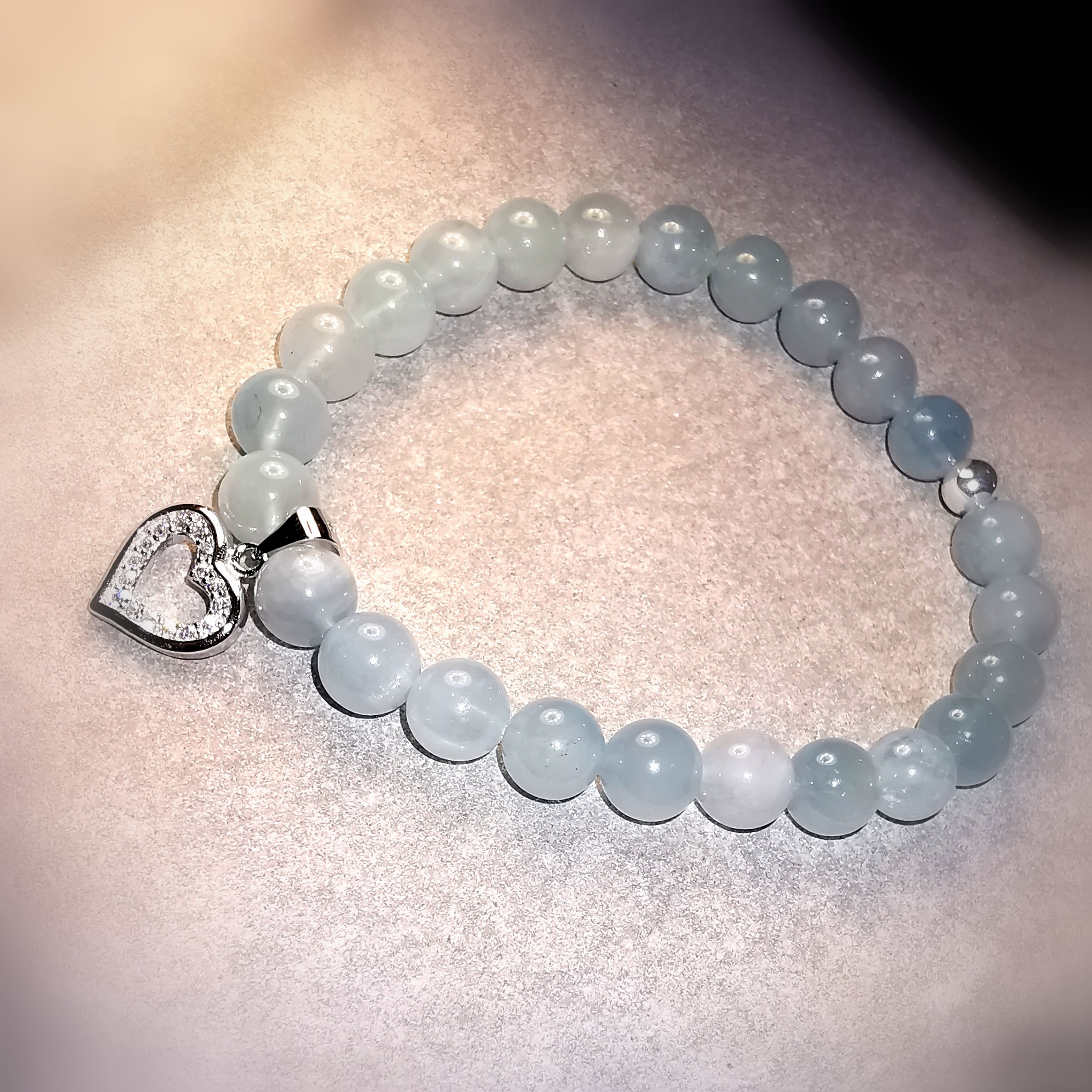 Aquamarin Edelstein Zirkon Sterlingsilber Herz Karma Chakra Armband, leben - lieben - lachen