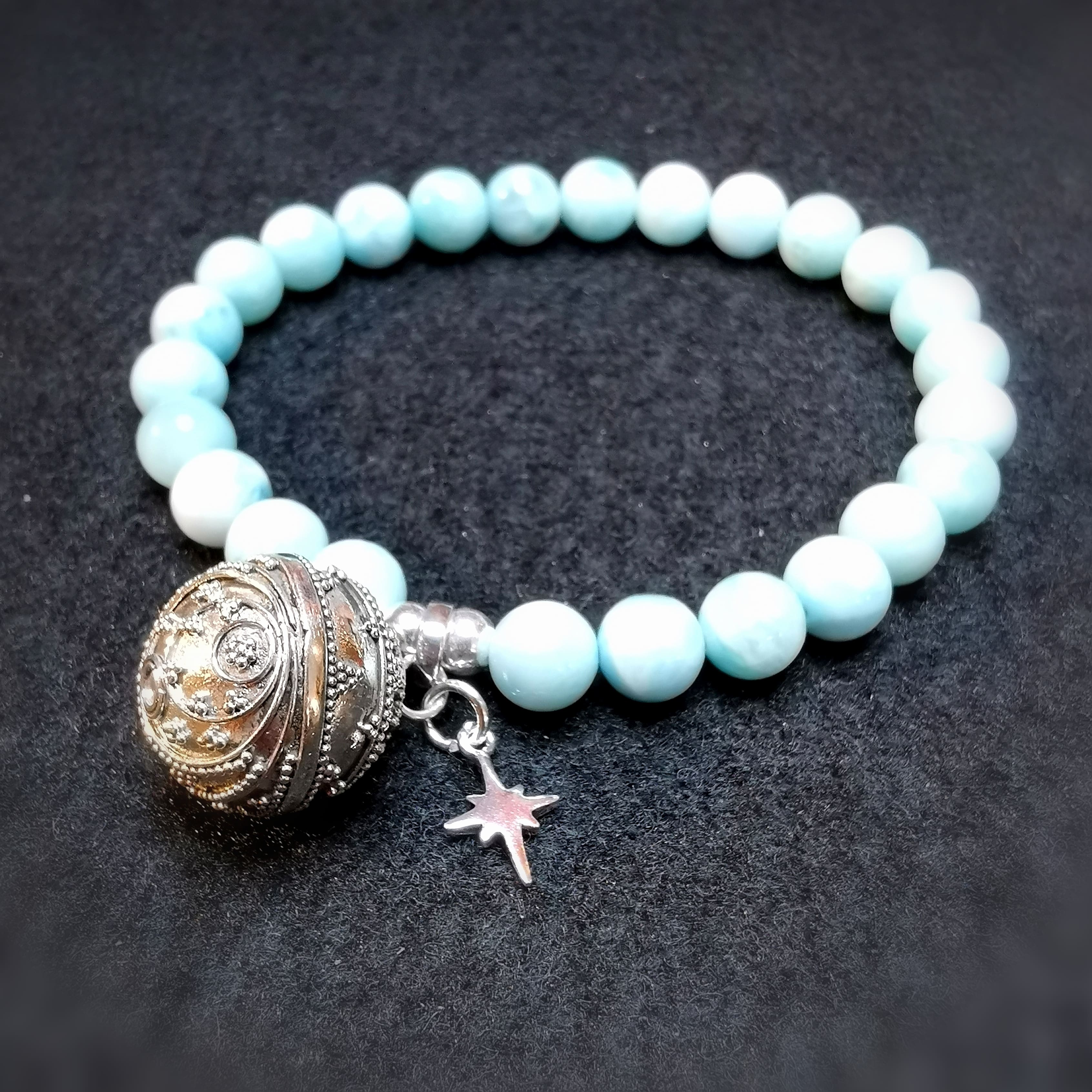 Engelsrufer Planeten Klangkugel Larimar Edelstein Karma Armband mit Polarstern, Vertrauen - Mut - Tatkraft, samaki