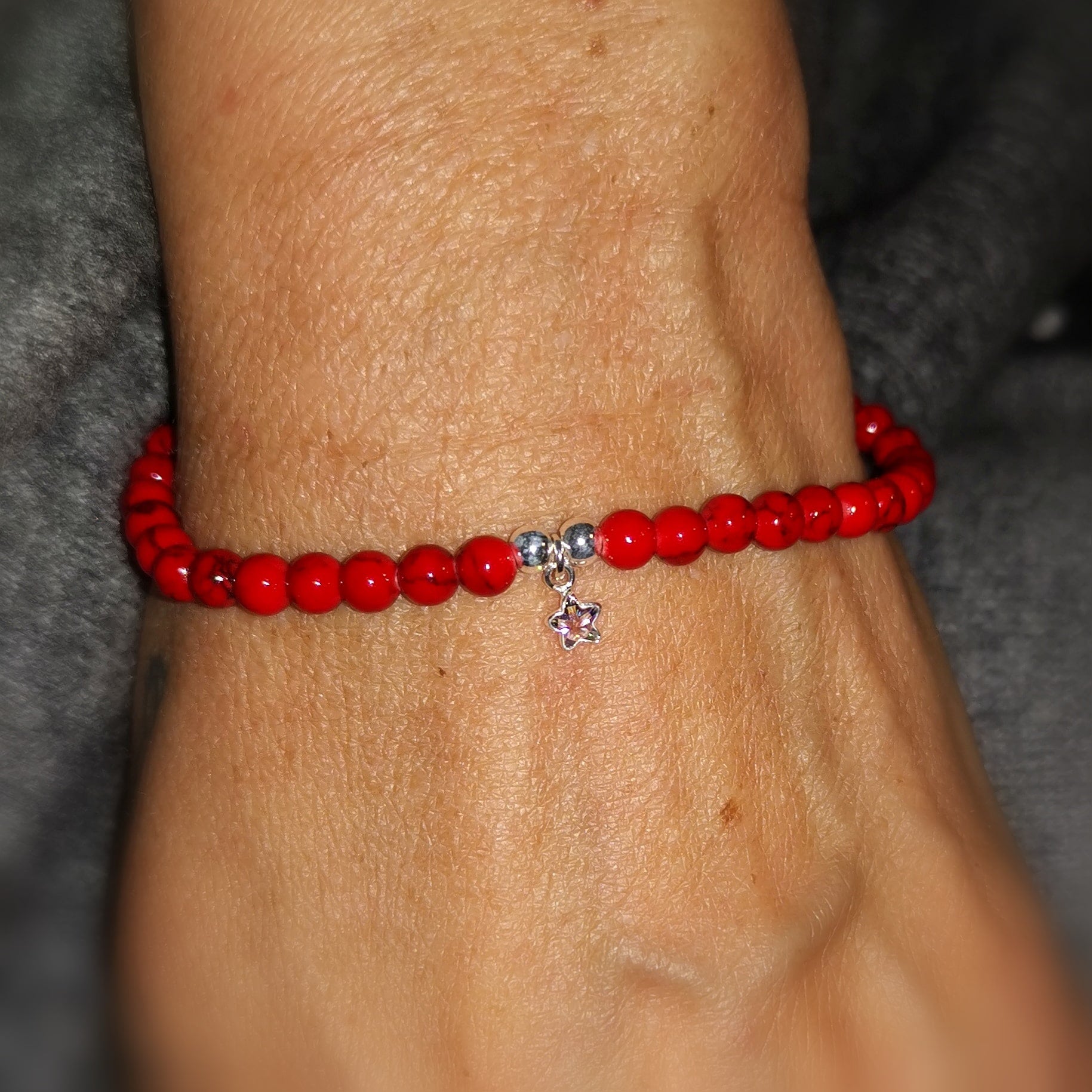 red apple coral: gemstone zircon starfish karma bracelet, chakra harmony, powerful new beginning