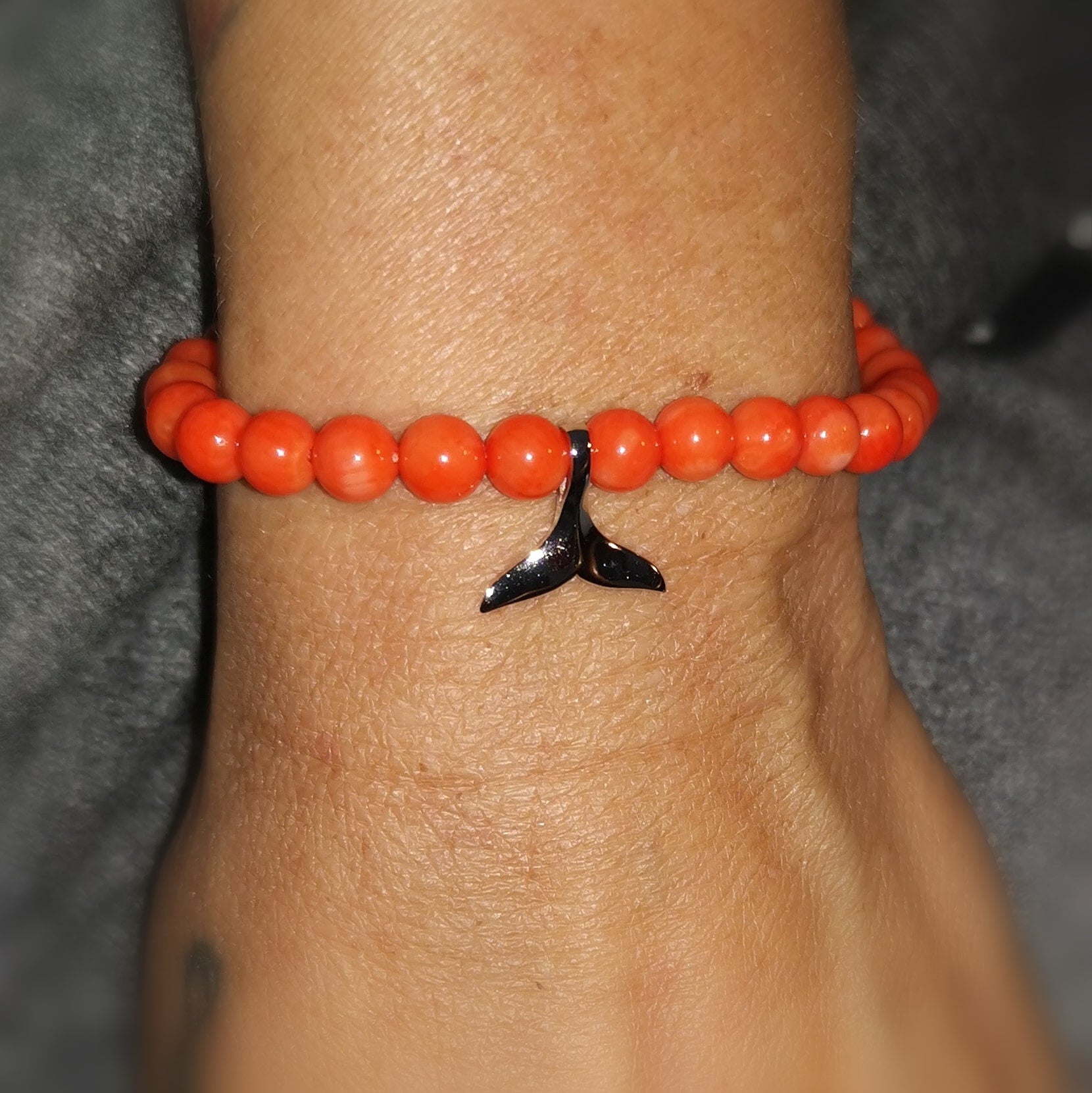 Coral Gemstone Karma Bracelet Power Animal Whale Fin, Salmon Coral, "Energy Boost"